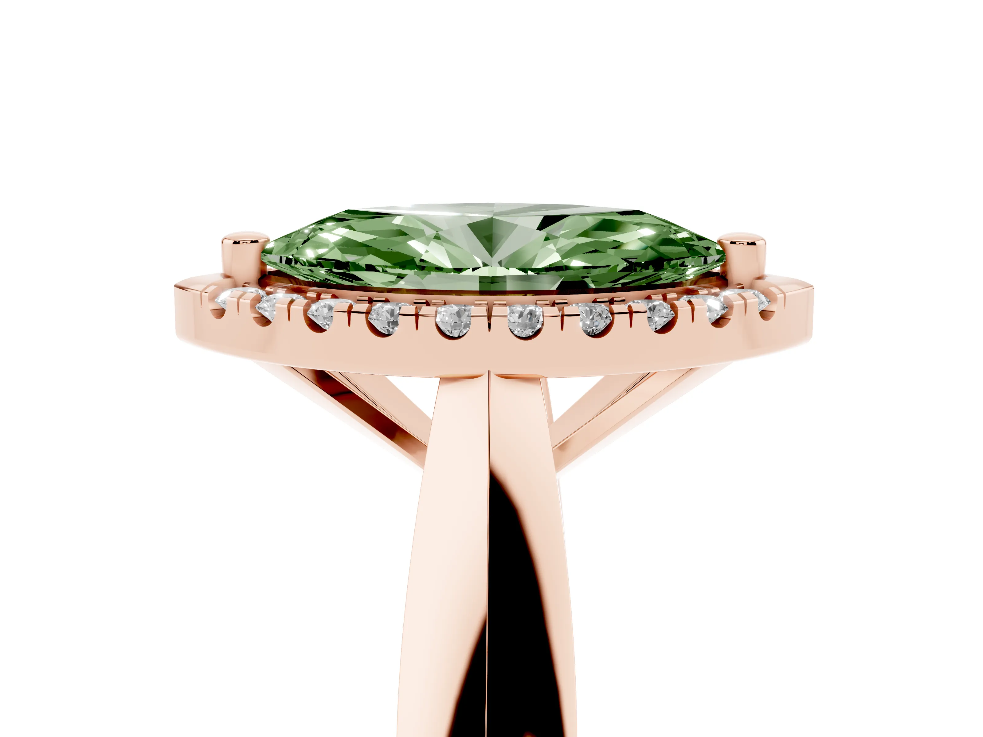 Fancy Green Marquise Cut Diamond Halo Solitaire Engagement Ring Set in Rose gold with Square Band and Prong Setting