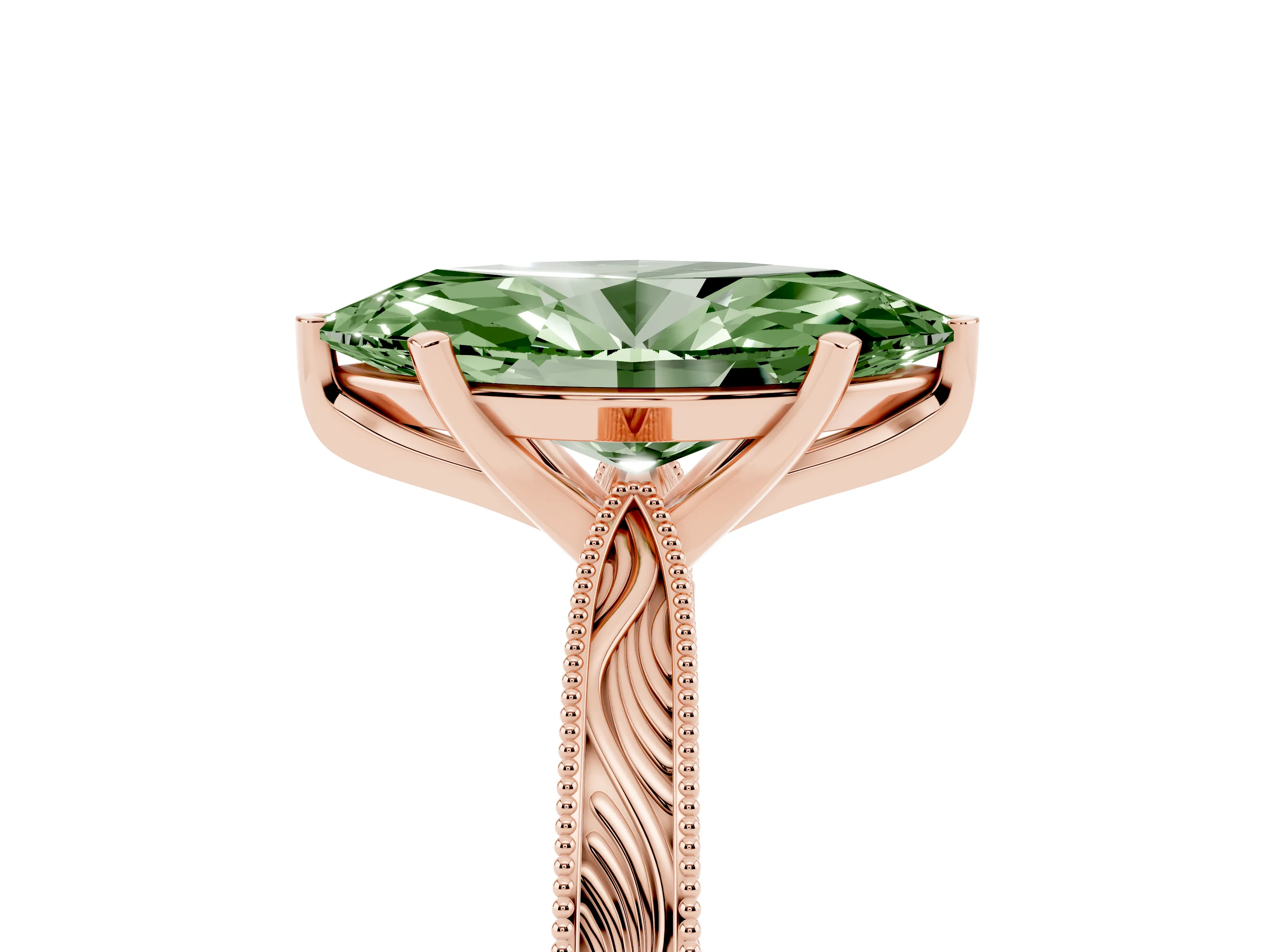 Fancy Green Marquise Cut Diamond Solitaire Milgrain Engraved Band Set in Rose gold with Prong Setting