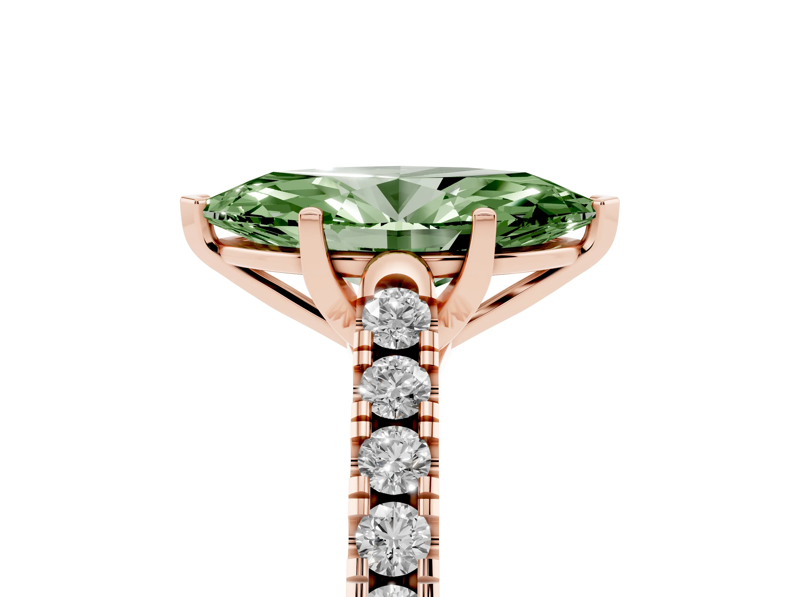 Fancy Green Marquise Cut Diamond Pavé Band Solitaire Ring Set in Rose gold with Partway Accent Stones and Prong Setting