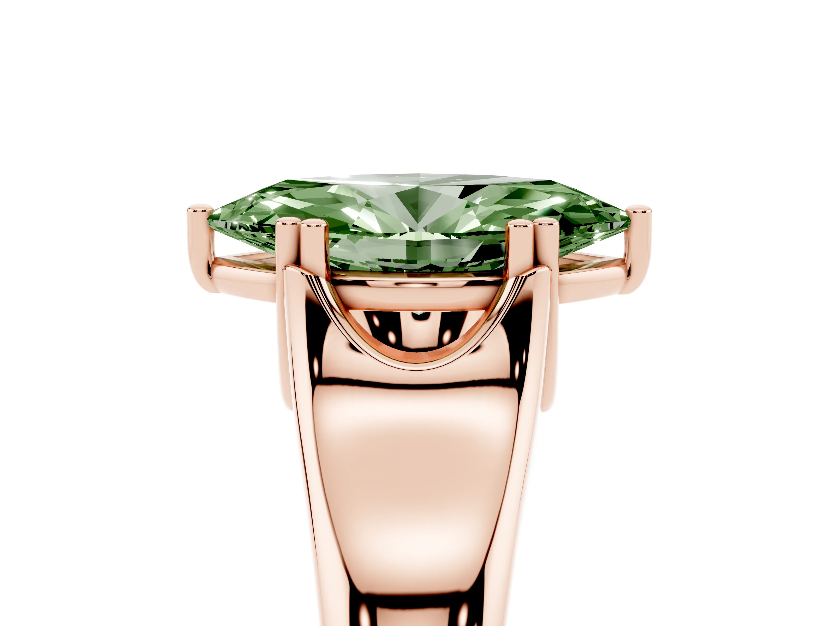Fancy Green Marquise Cut Diamond Solitaire Ring Set in Rose gold with Wide Band and Prong Setting