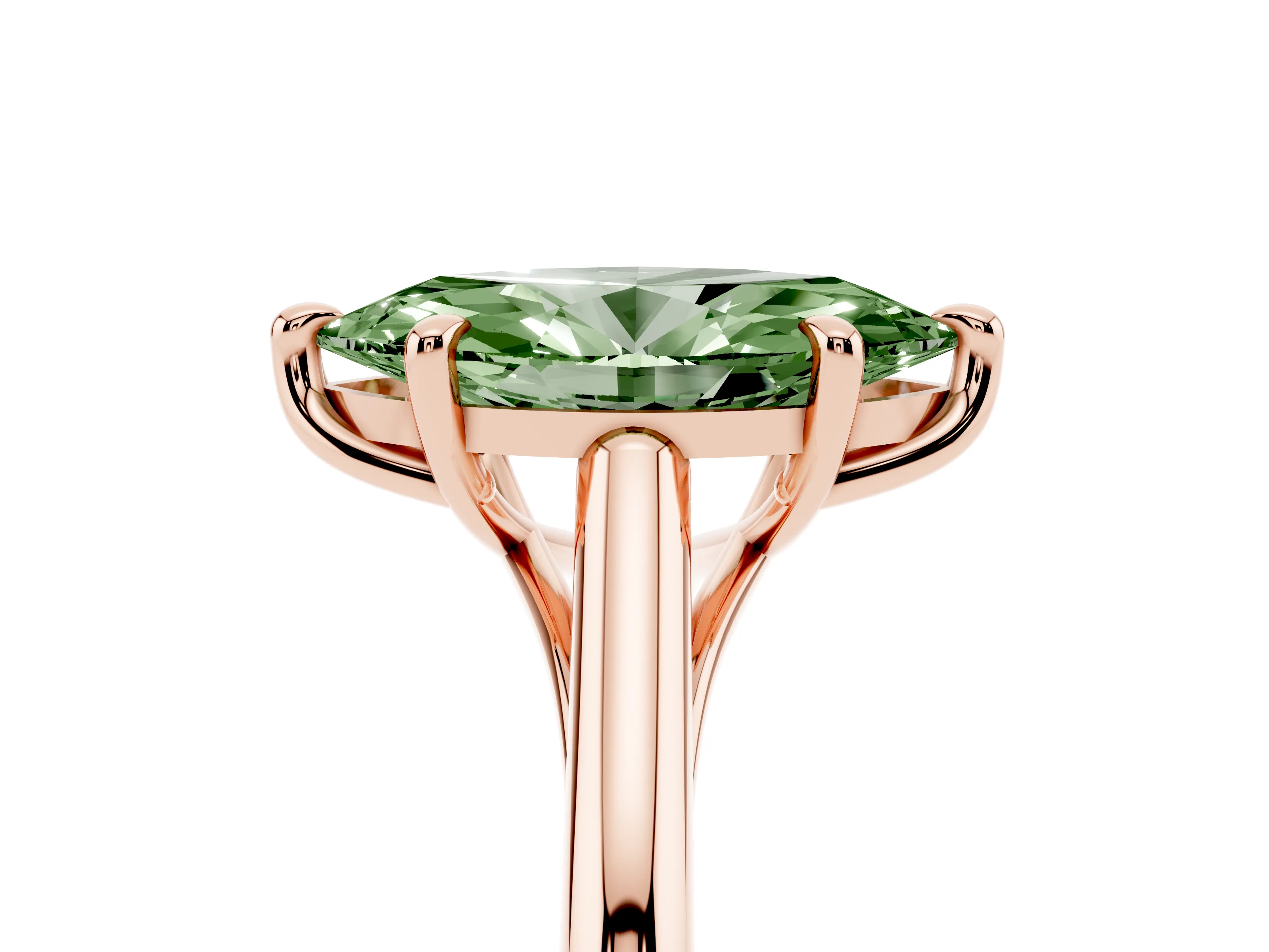 Fancy Green Marquise Cut Diamond Solitaire Engagement Ring Set in Rose gold with Prong Setting and Plain Classic Band