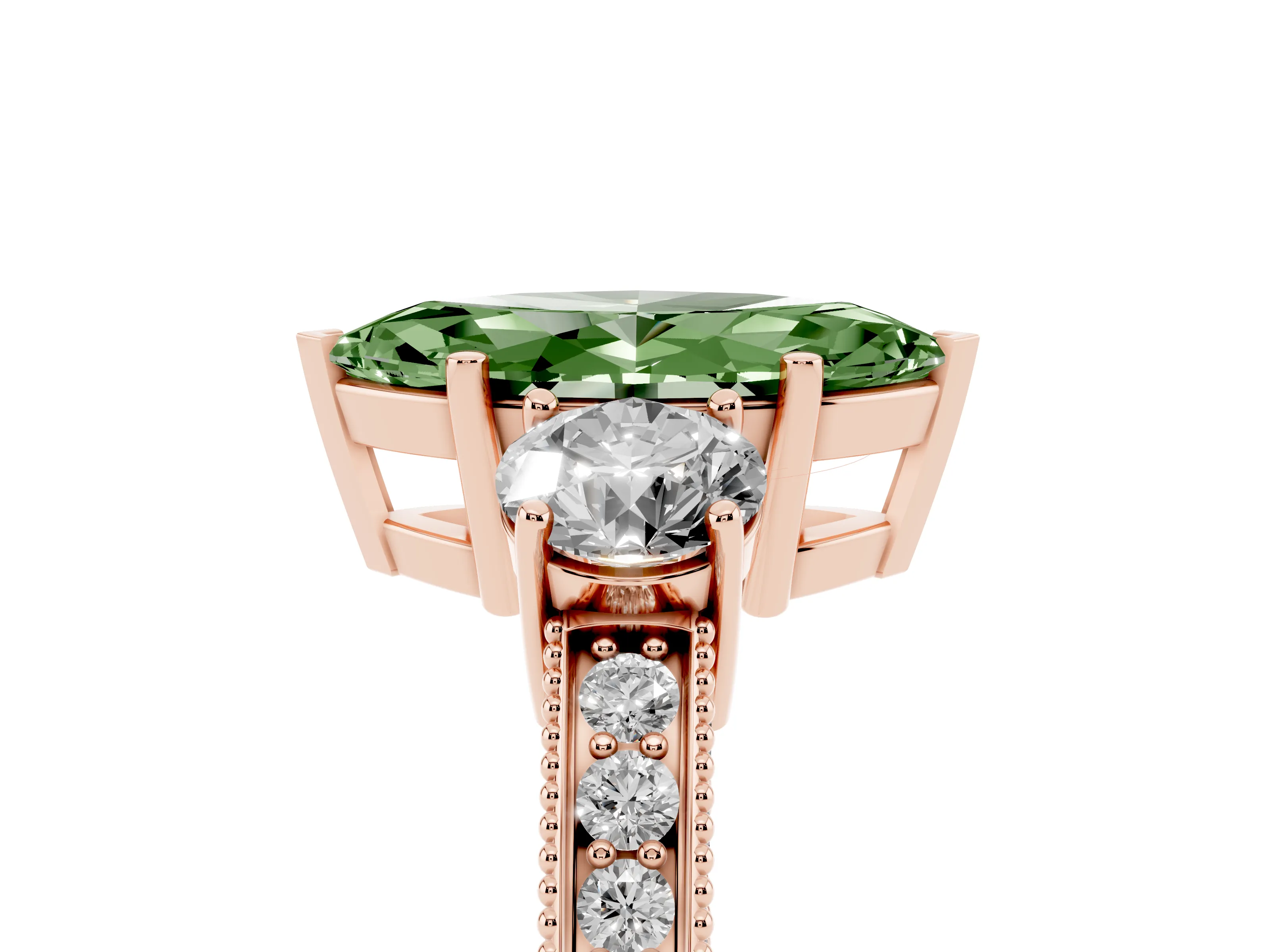 Fancy Green Marquise Cut Diamond Three-Stone Ring Set in Rose gold with Round Side Stones and Pavé Band
