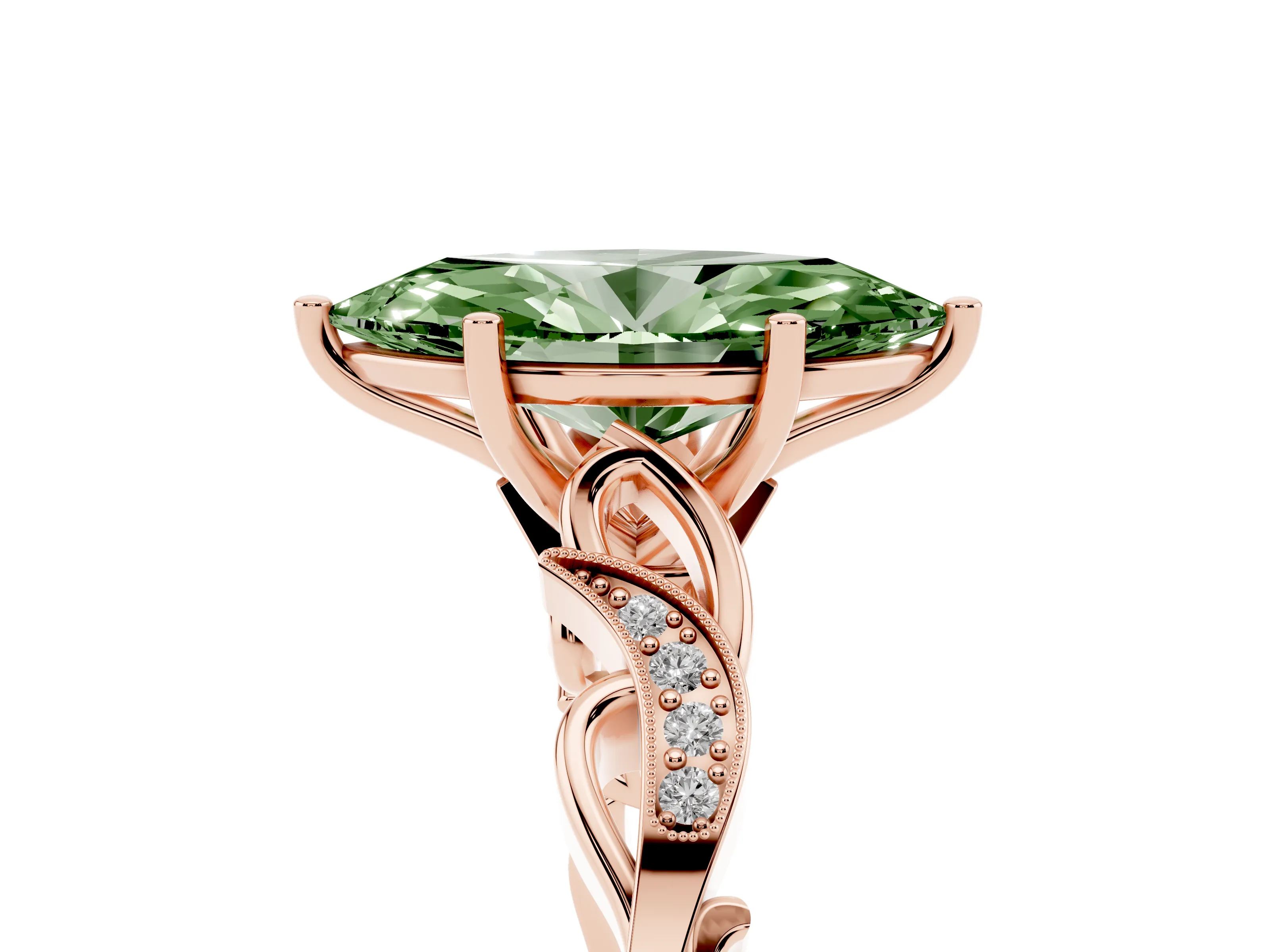 Fancy Green Marquise Cut Diamond Vine Band Solitaire Ring Set in Rose gold with Milgrain Prong Setting