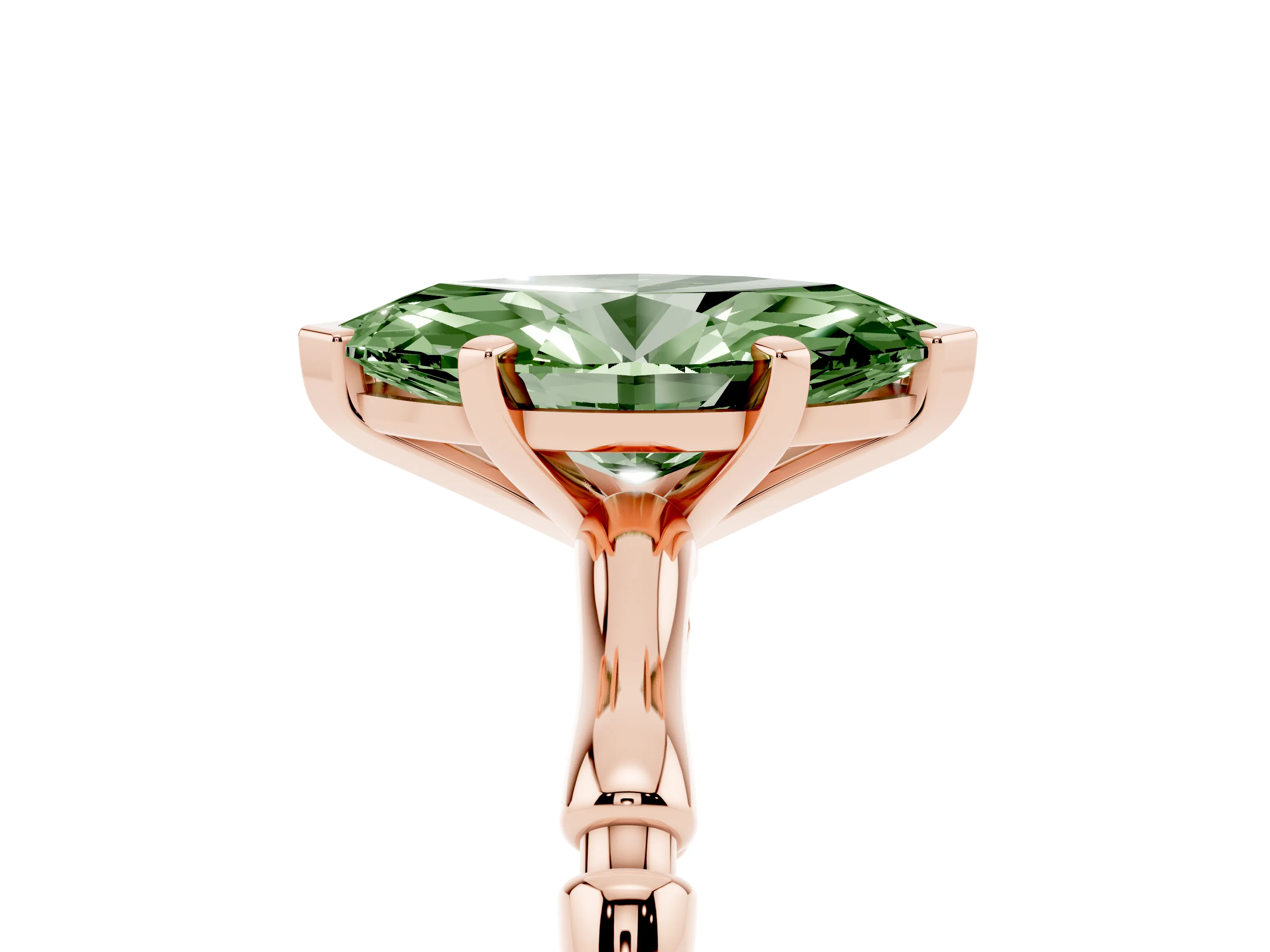 Fancy Green Marquise Cut Diamond Solitaire Ring Set in Rose gold with Bamboo Band and Prong Setting