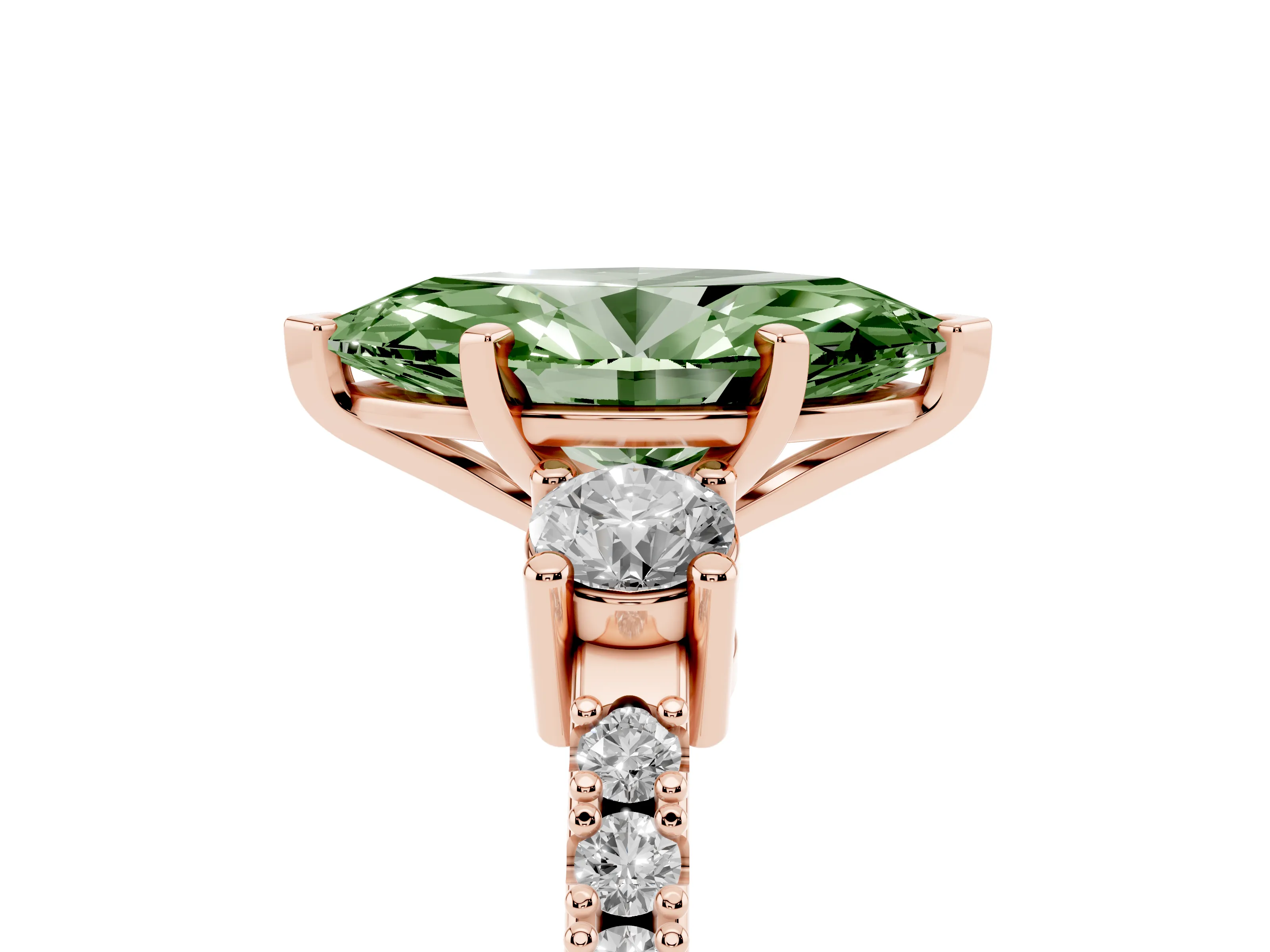 Fancy Green Three-Stone Marquise Cut Diamond Pavé Band Ring Set in Rose gold with Prong Setting