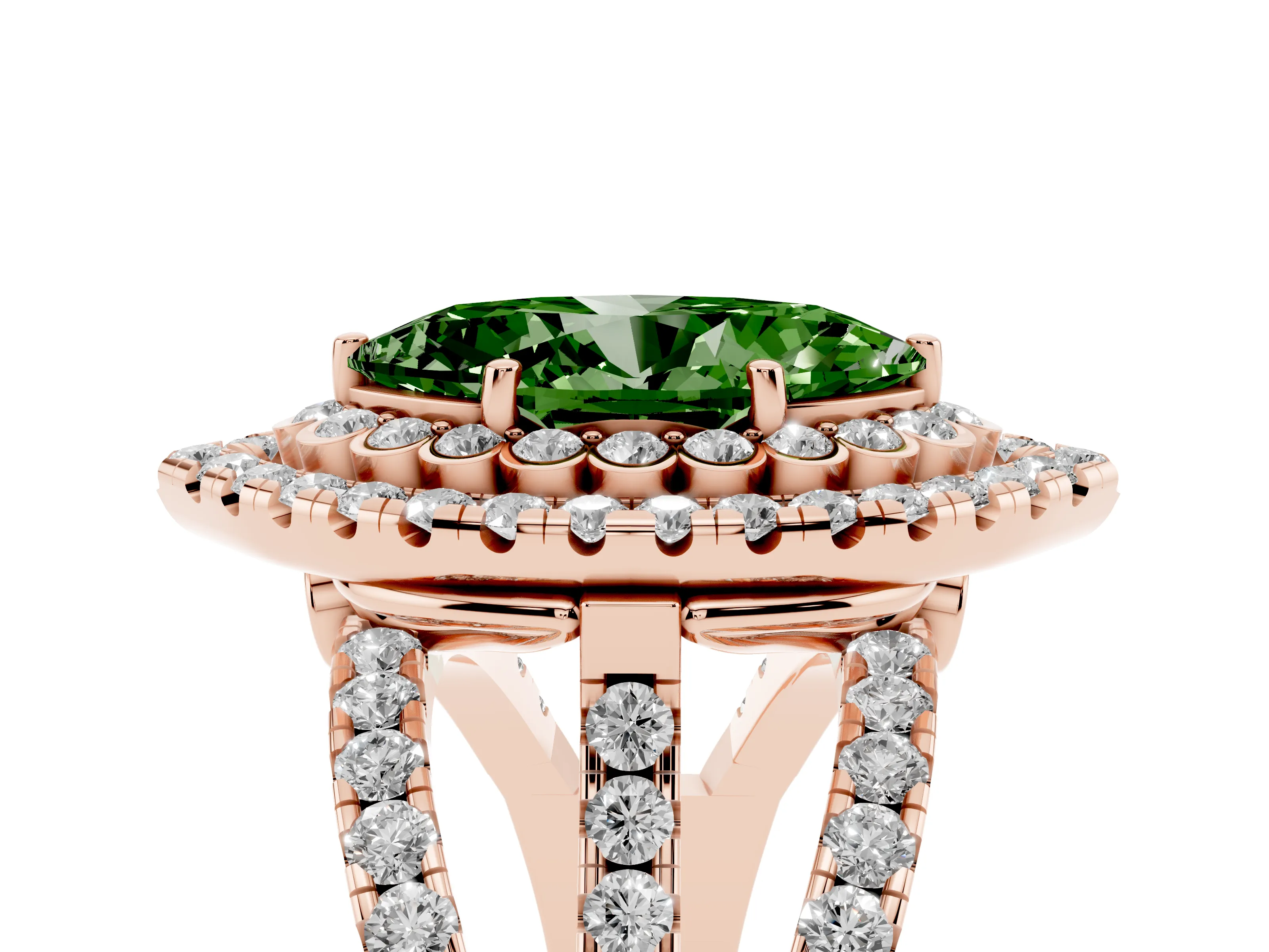Fancy Green Marquise Cut Diamond Double Halo Ring Set in Rose gold with Round Pavé Split Shank