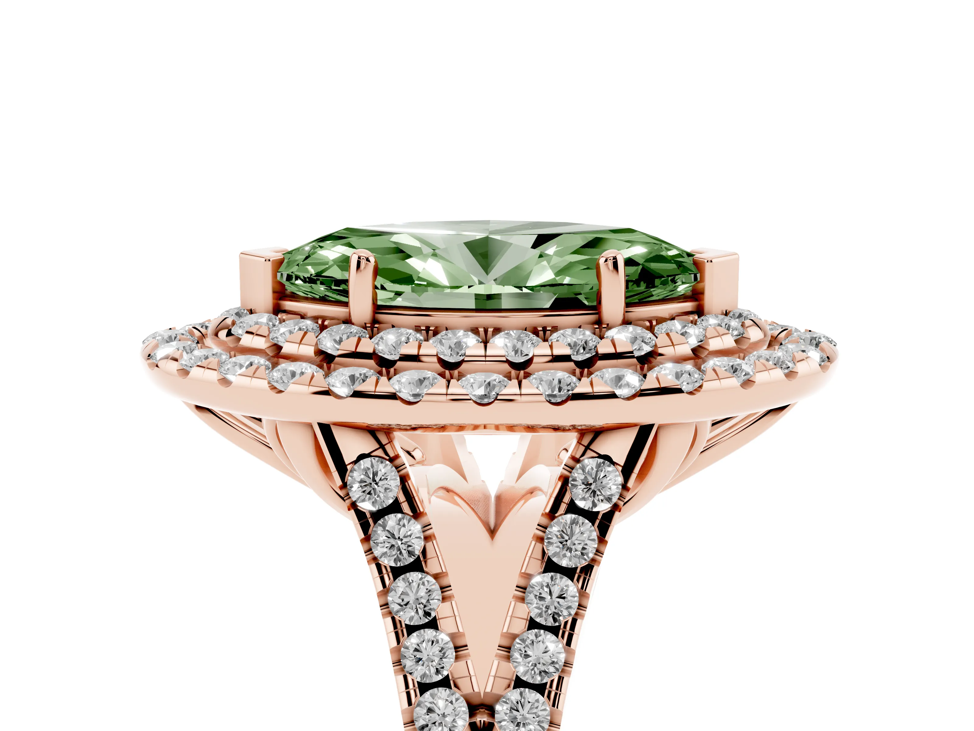 Fancy Green Marquise Cut Diamond Double Halo Ring Set in Rose gold with Pavé Split Shank and Prong Setting