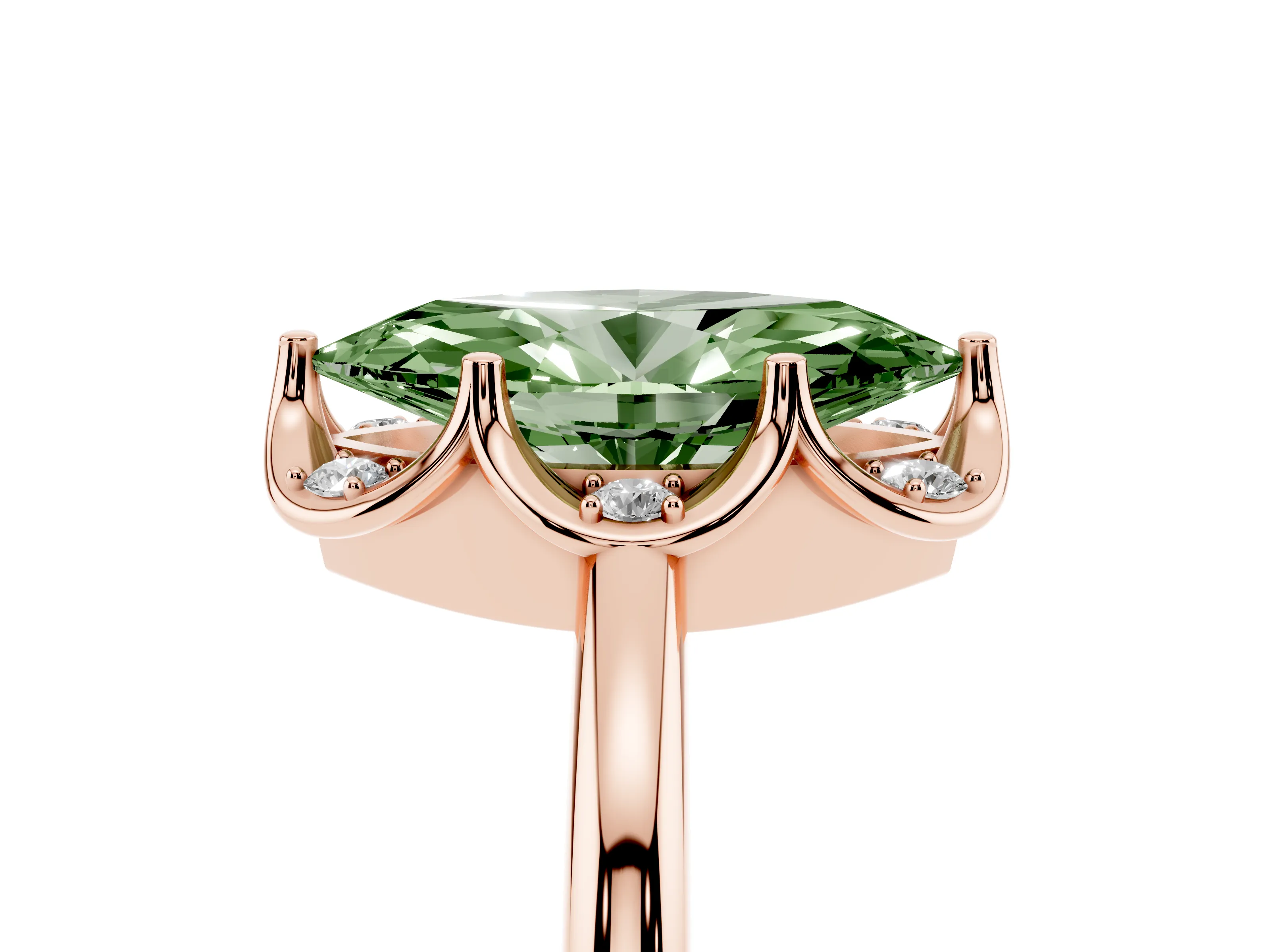 Fancy Green Marquise Cut Diamond Round Cluster Halo Ring Set in Rose gold with Solitaire Band and Prong Setting