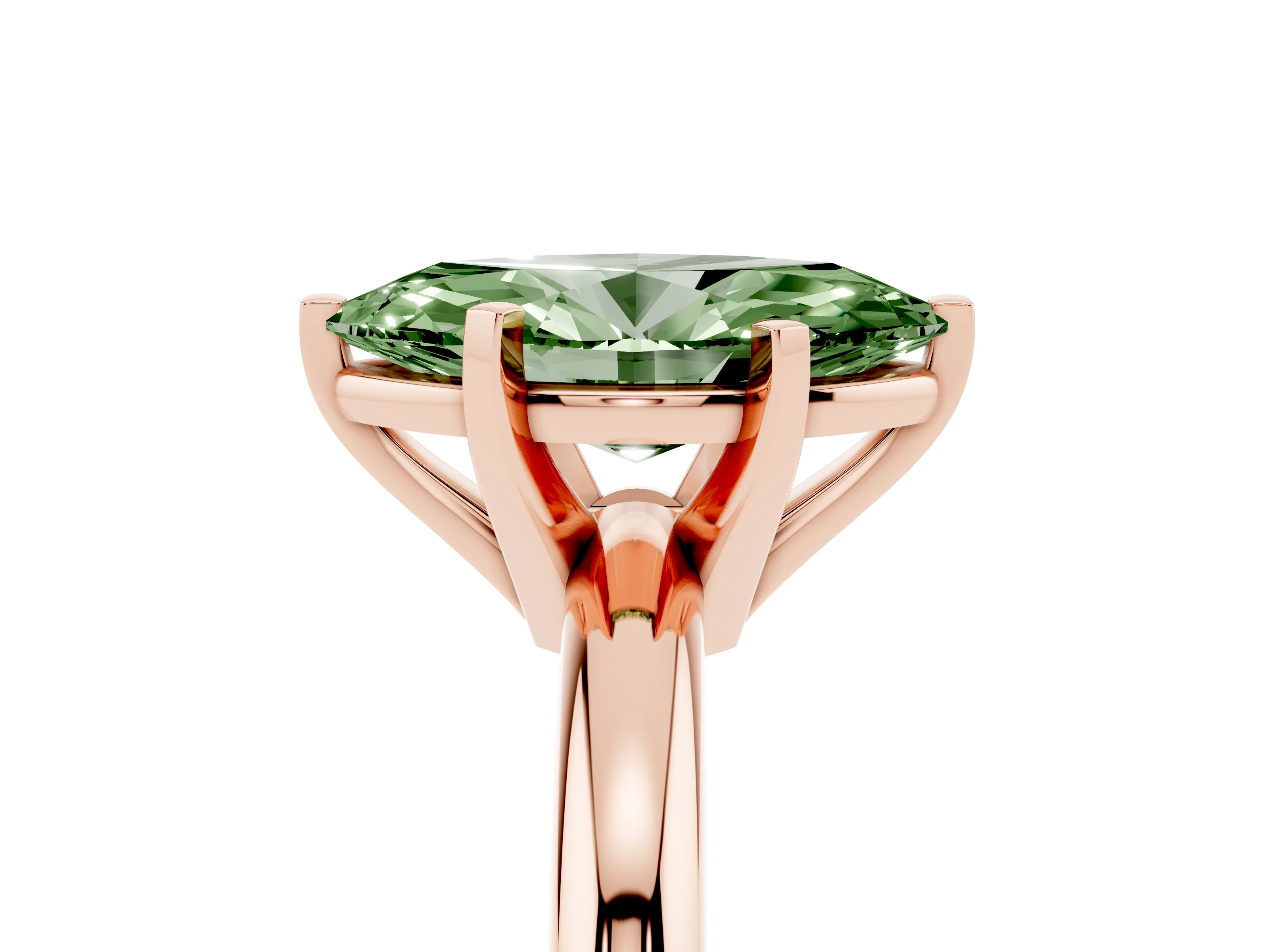 Fancy Green Marquise Cut Diamond Solitaire Engagement Ring Set in Rose gold with Round Band and Prong Setting