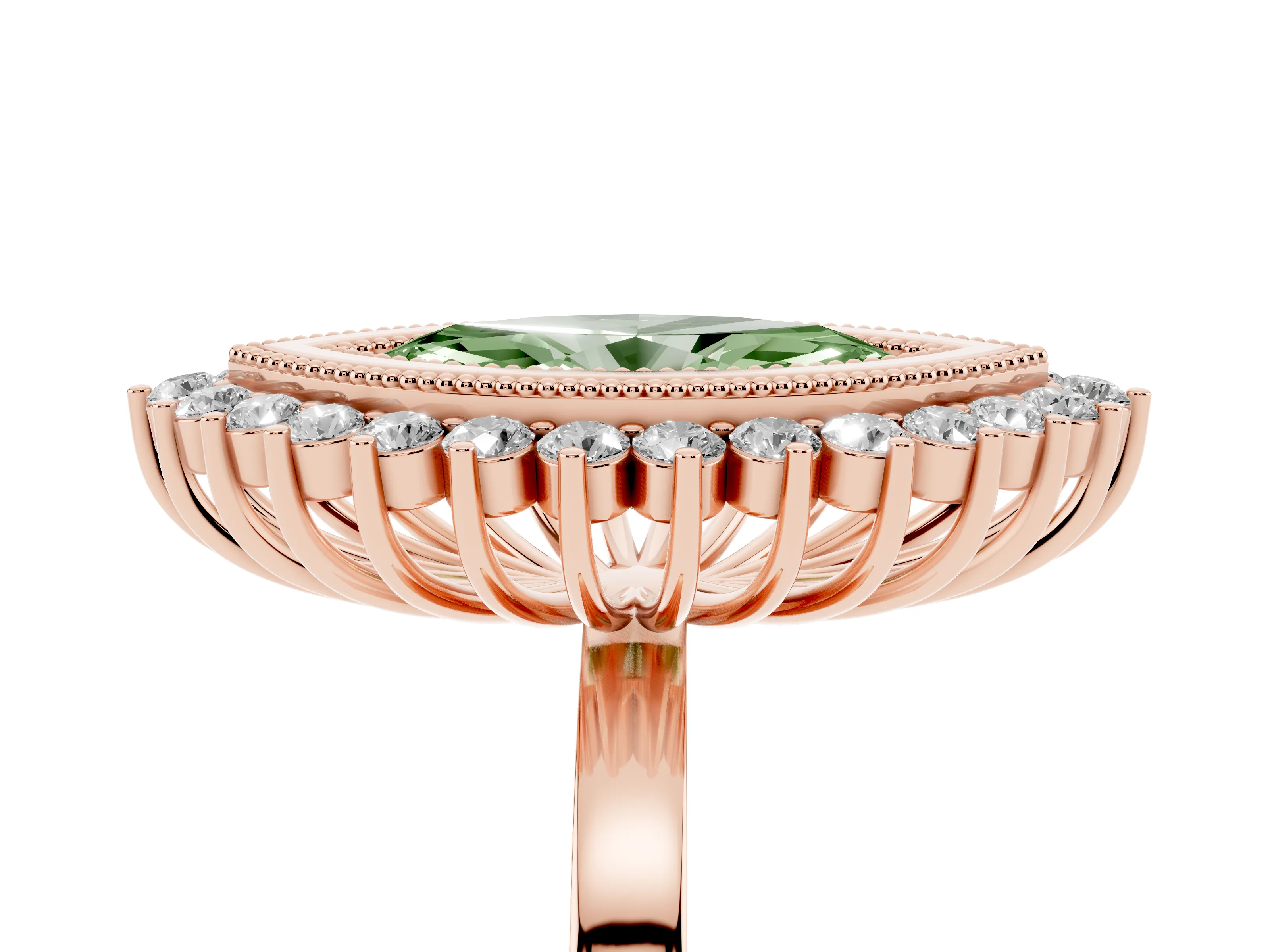 Fancy Green Marquise Cut Diamond Halo Ring Set in Rose gold with Milgrain Edge and Round Prong Setting