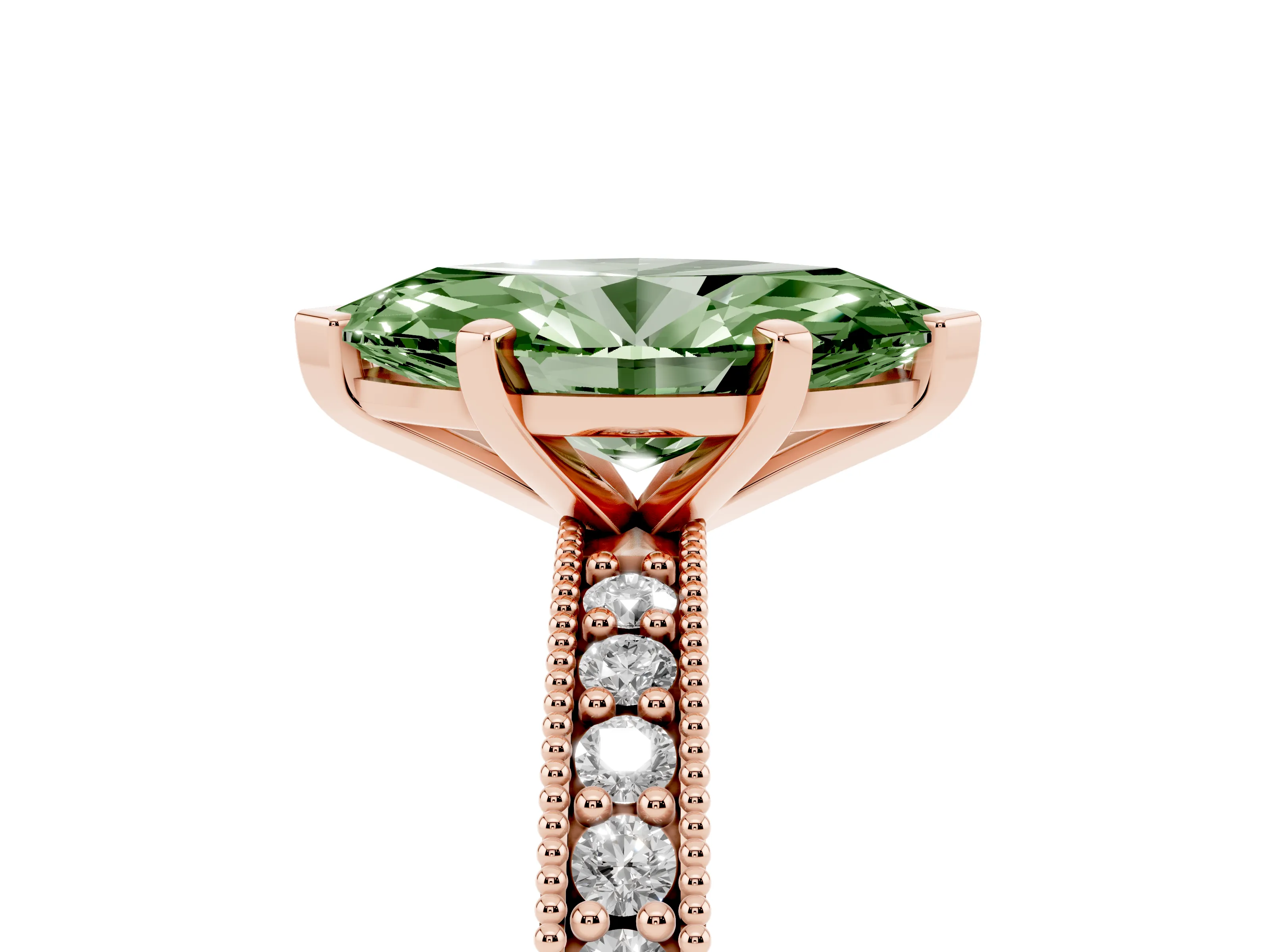 Fancy Green Marquise Cut Diamond Milgrain Pavé Engagement Ring Set in Rose gold with Prong Setting