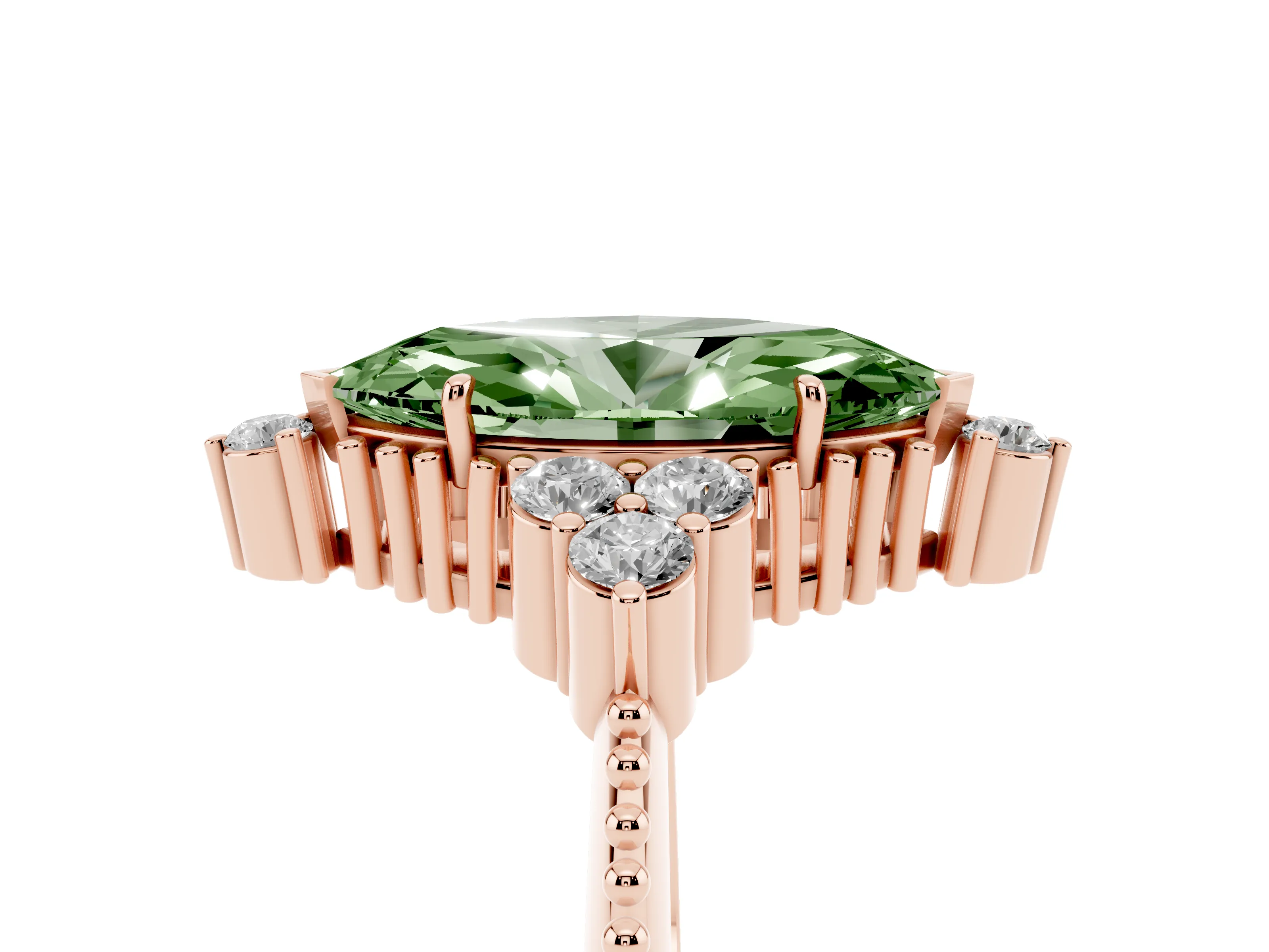 Fancy Green Marquise Cut Diamond Cluster Ring Set in Rose gold with Beaded Band