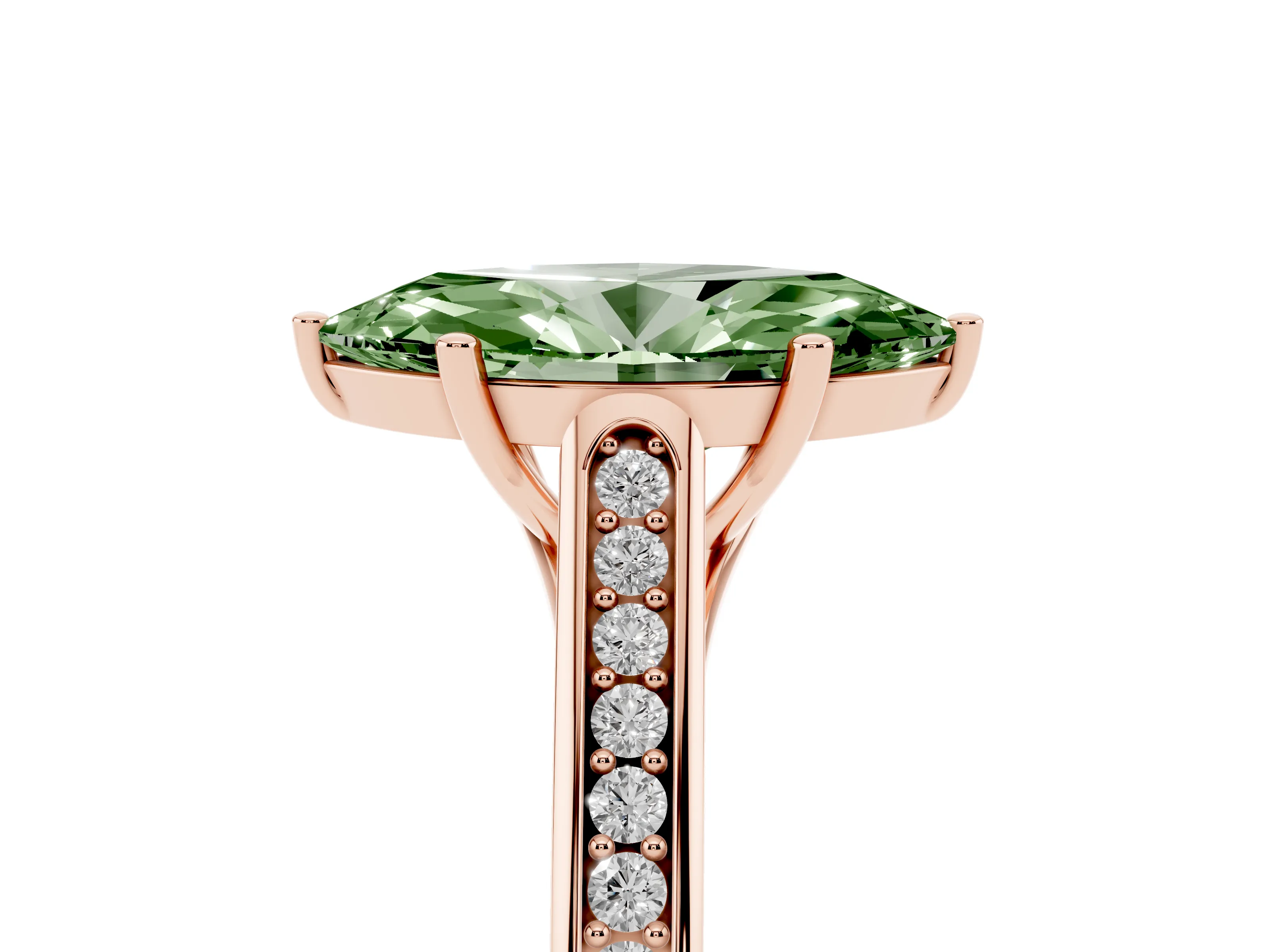 Fancy Green Marquise Cut Diamond Solitaire Cathedral Engagement Ring Set in Rose gold with Channel-Set Band and Prong Setting