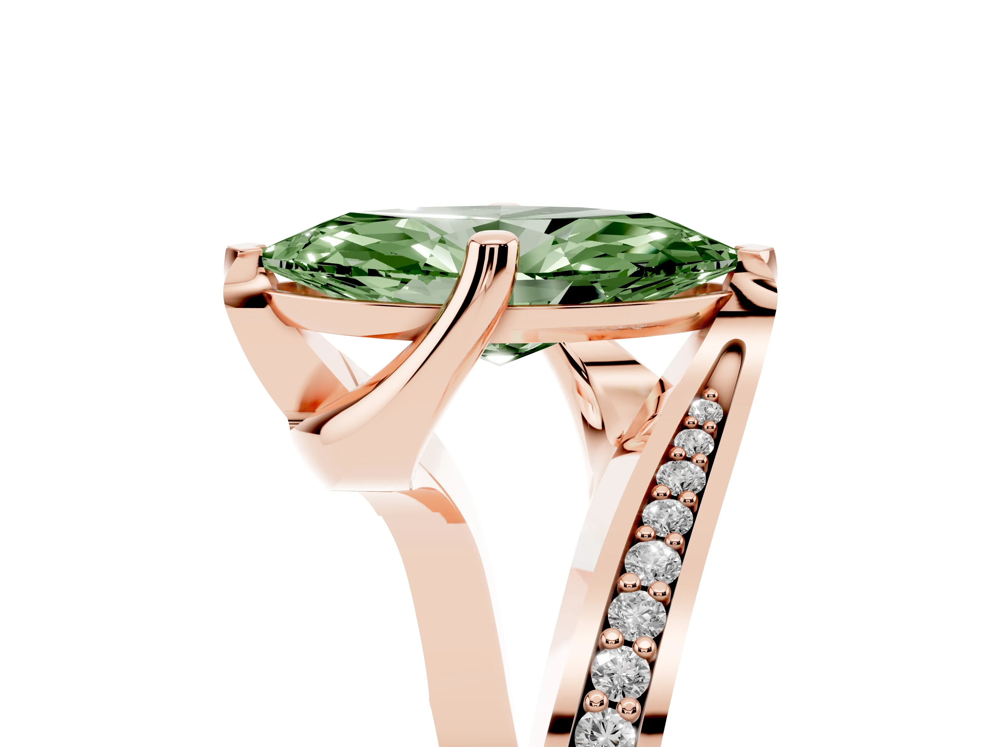 Fancy Green Marquise Cut Diamond Solitaire Ring Set in Rose gold with Intertwined Pavé Twist Band