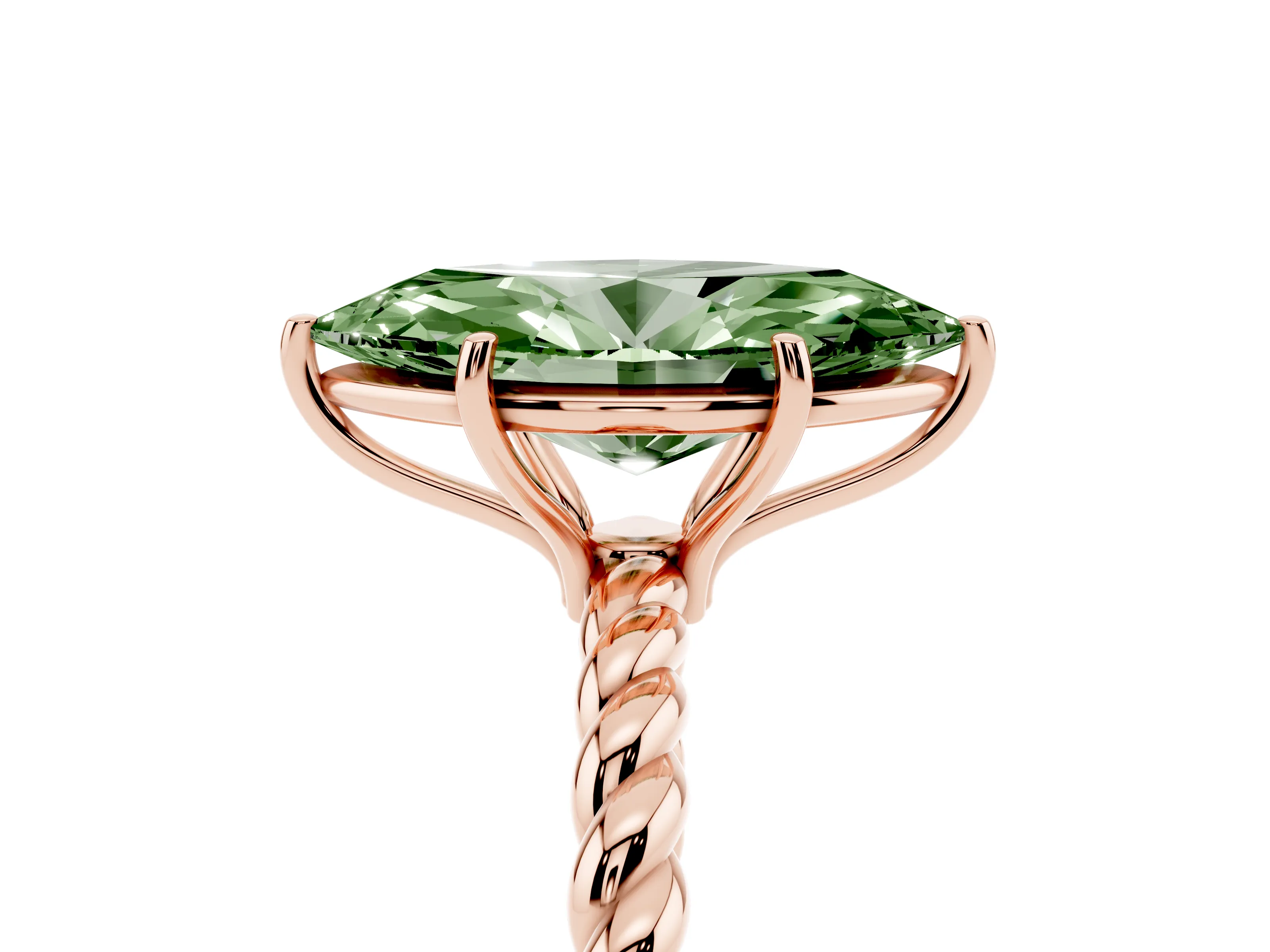 Fancy Green Marquise Cut Diamond Solitaire Ring Set in Rose gold with Twist Band and Prong Setting