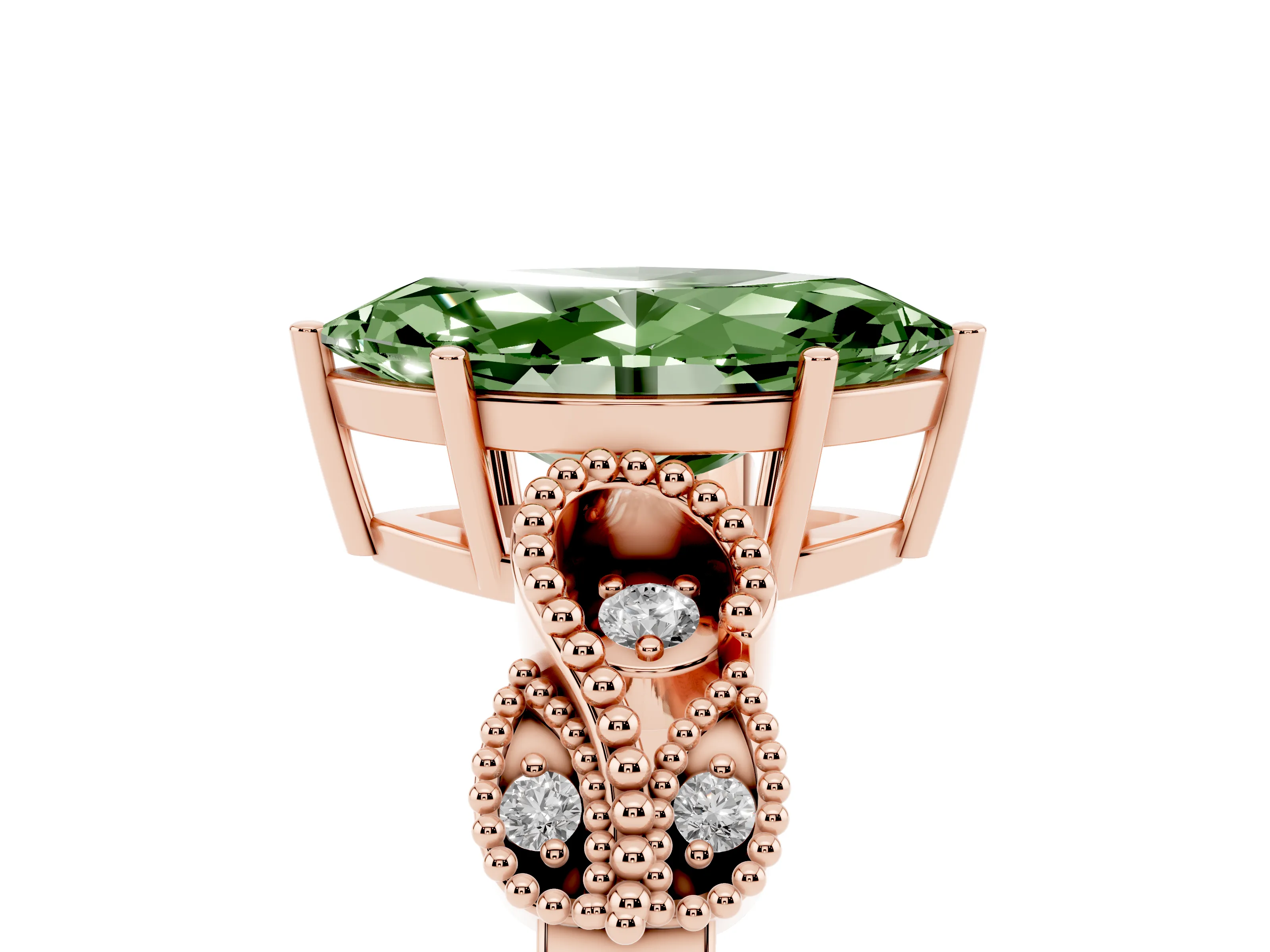 Fancy Green Marquise Cut Diamond Milgrain Leaf Band Solitaire Ring Set in Rose gold with Accent Stones and Prong Setting