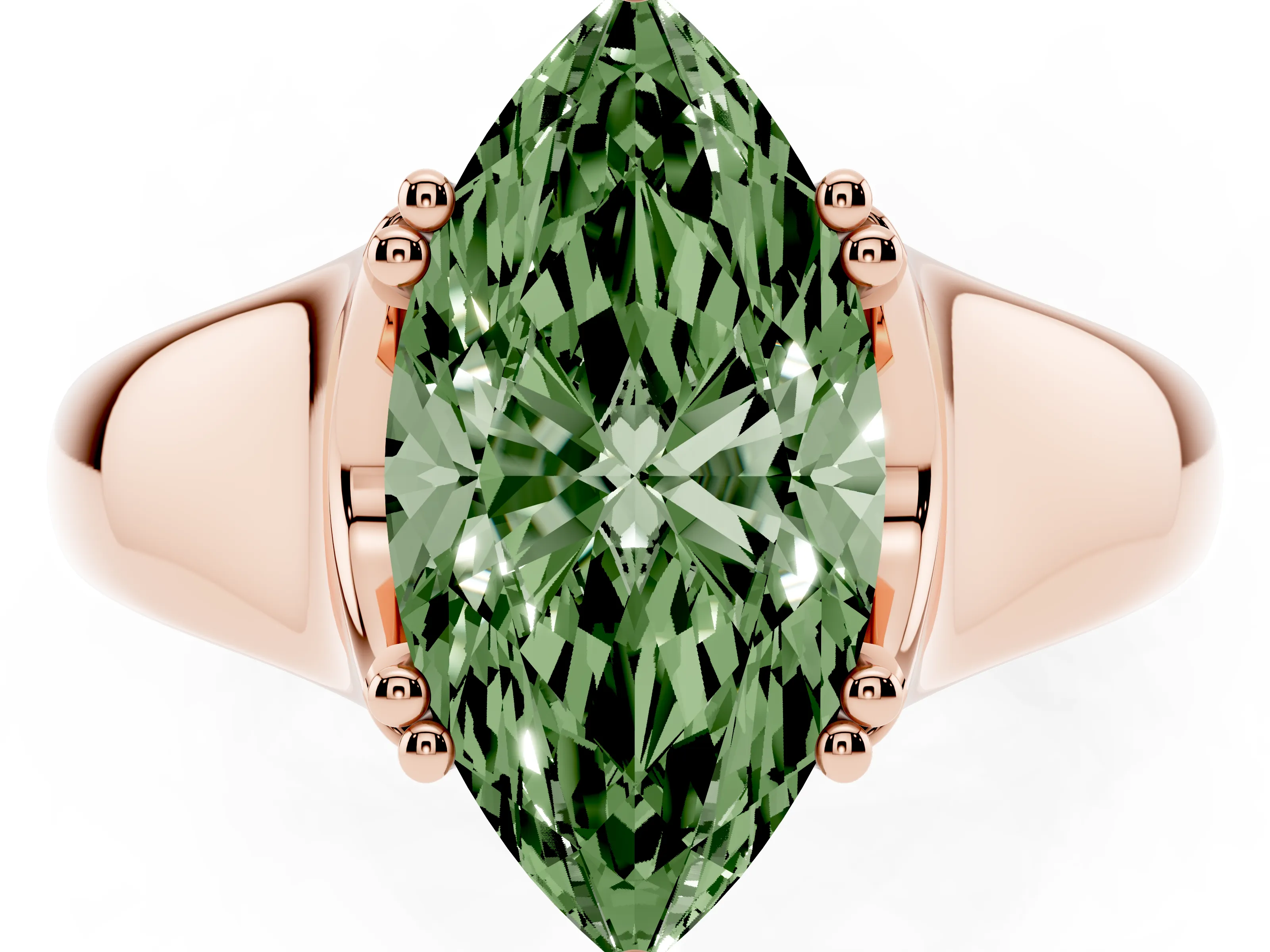 Fancy Green Marquise Cut Diamond Solitaire Ring Set in Rose gold with Wide Band and Prong Setting
