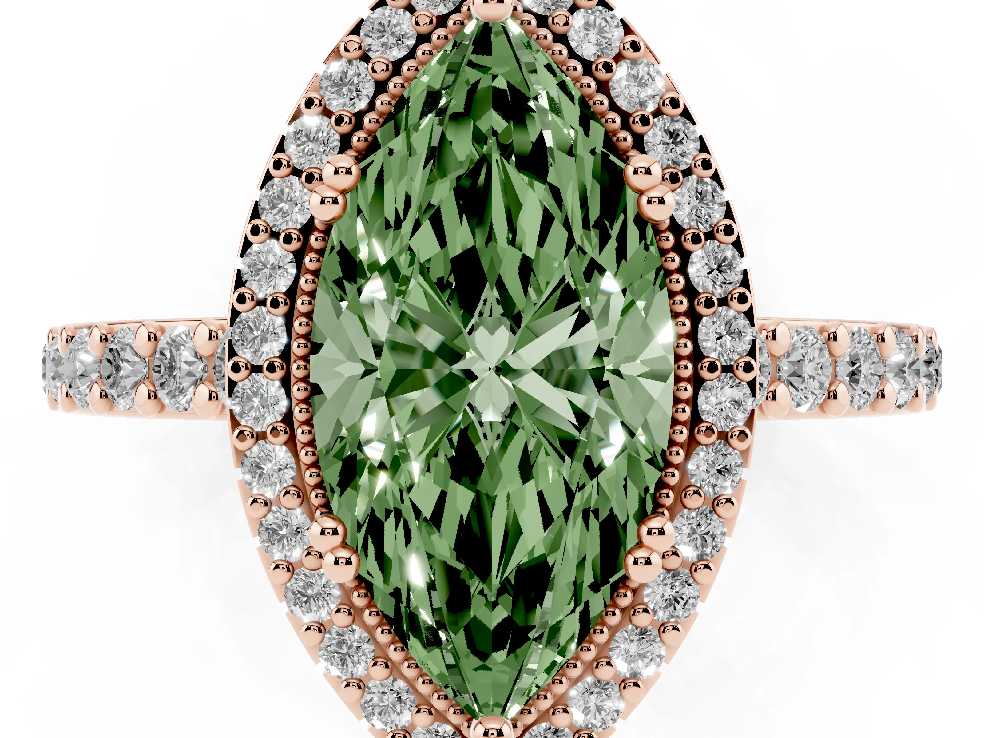 Fancy Green Marquise Cut Diamond Halo Engagement Ring Set in Rose gold with Milgrain Detail and Pavé Band