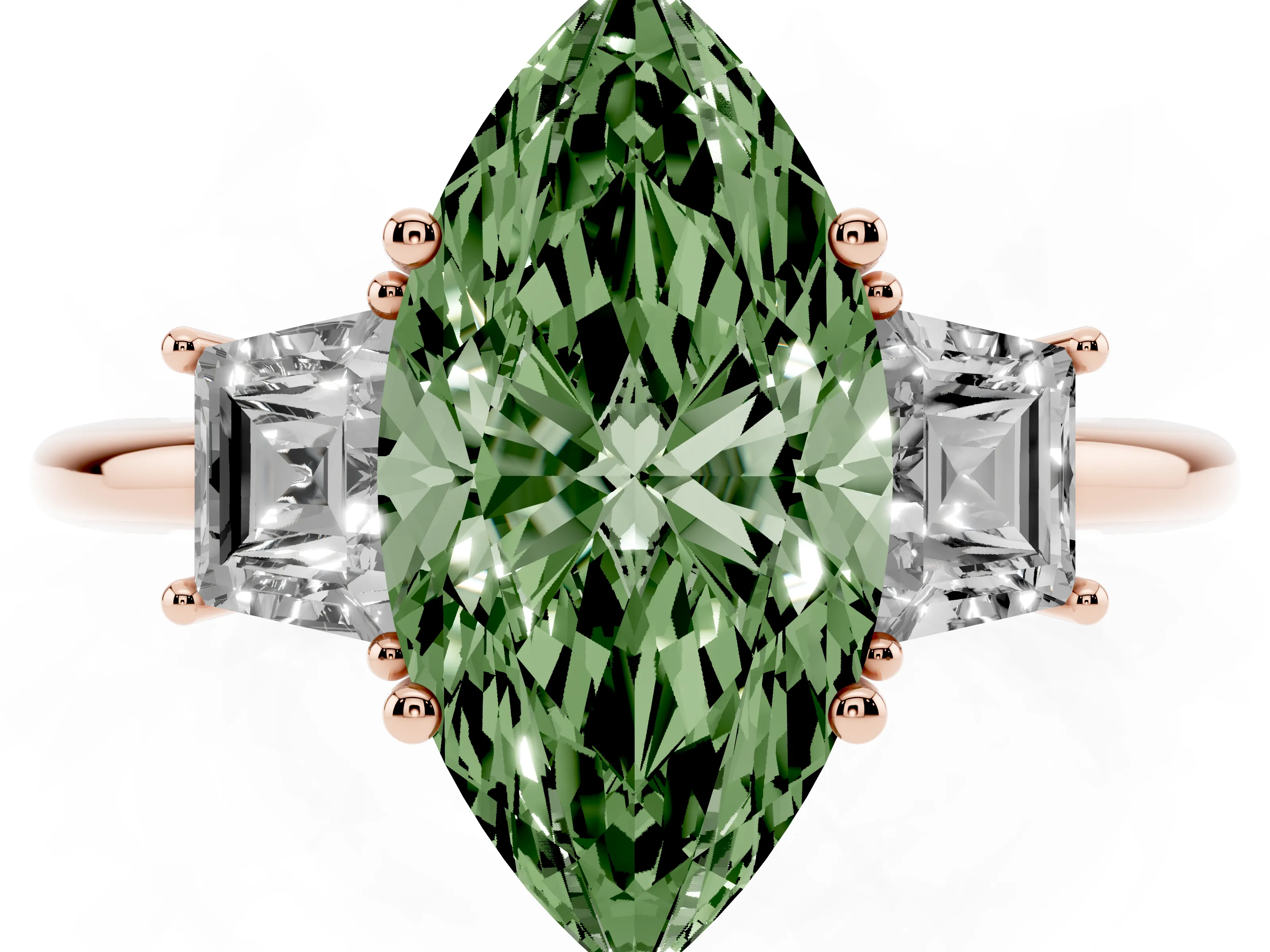 Fancy Green Marquise Cut Diamond Three-Stone Ring Set in Rose gold with Trapezoid Side Stones and Prong Setting