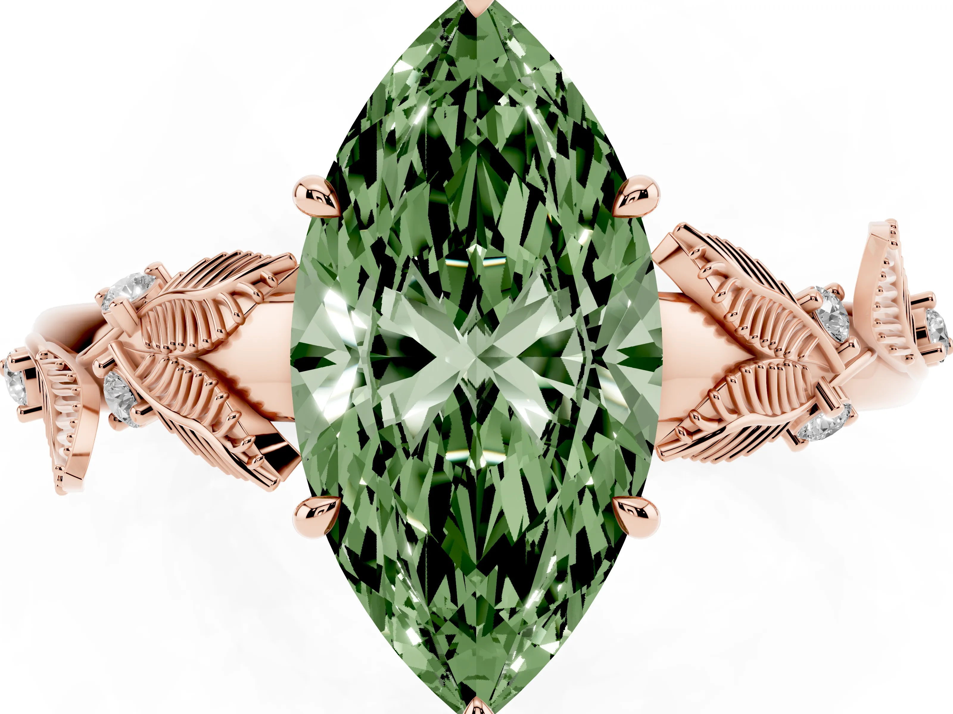 Fancy Green Marquise Cut Diamond Solitaire Ring Set in Rose gold with Leaf Motif Band