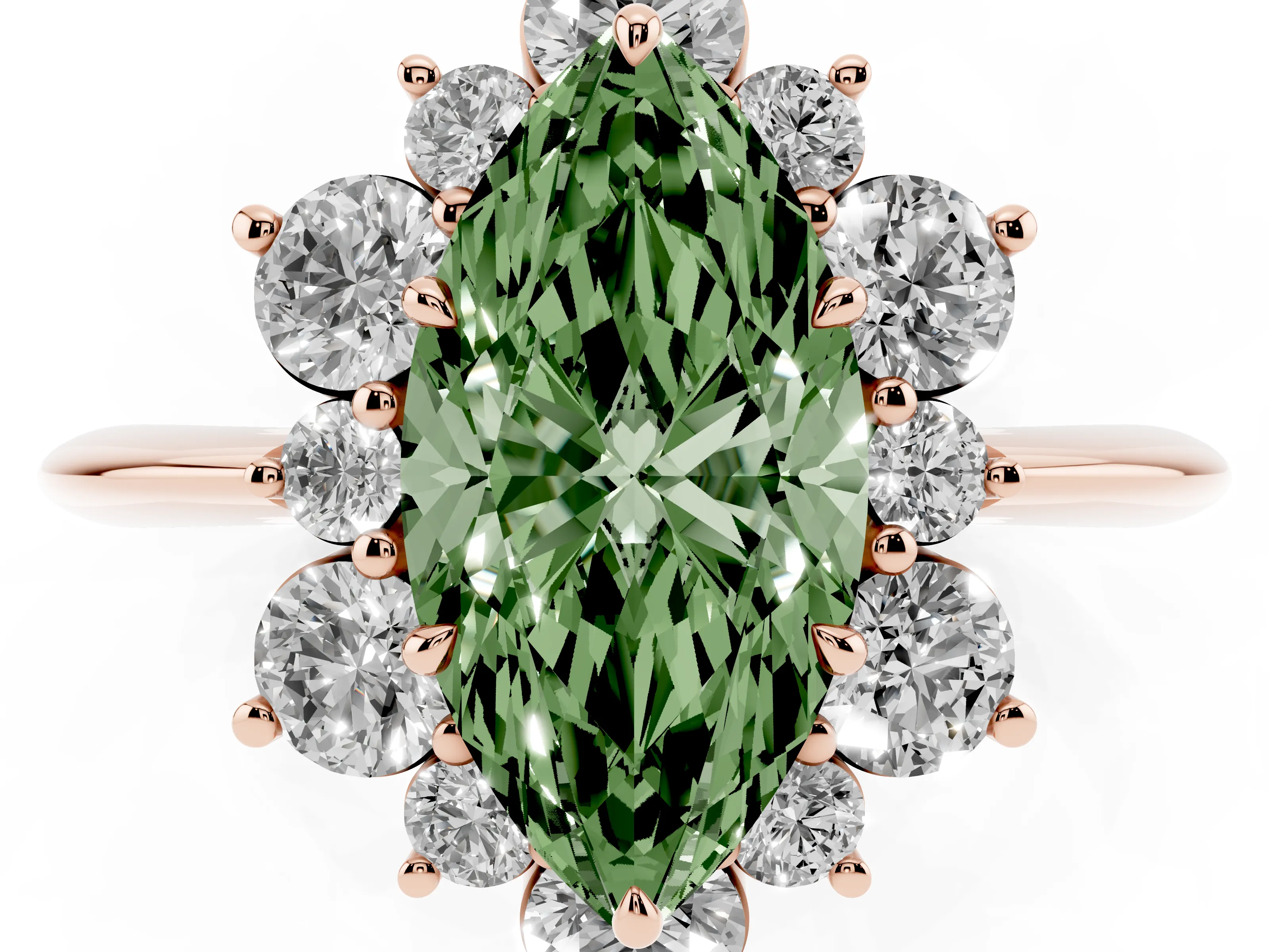 Fancy Green Marquise Cut Diamond Cluster Halo Ring Set in Rose gold with Solitaire Band and Prong Setting