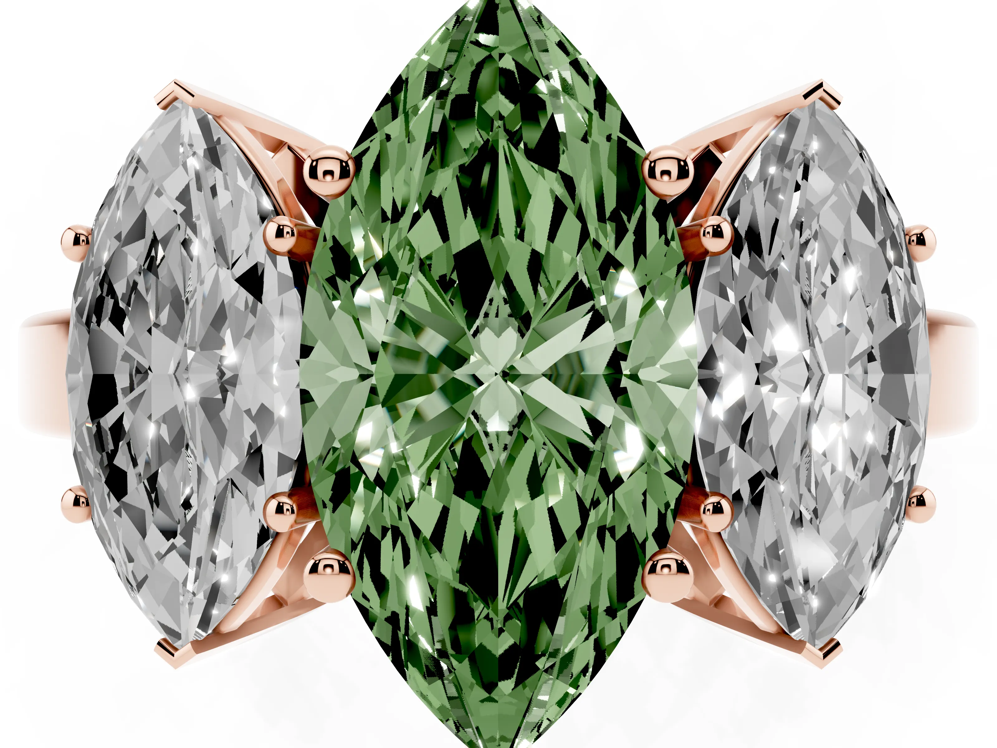 Fancy Green Marquise Cut Diamond Three-Stone Engagement Ring Set in Rose gold with Flat Band