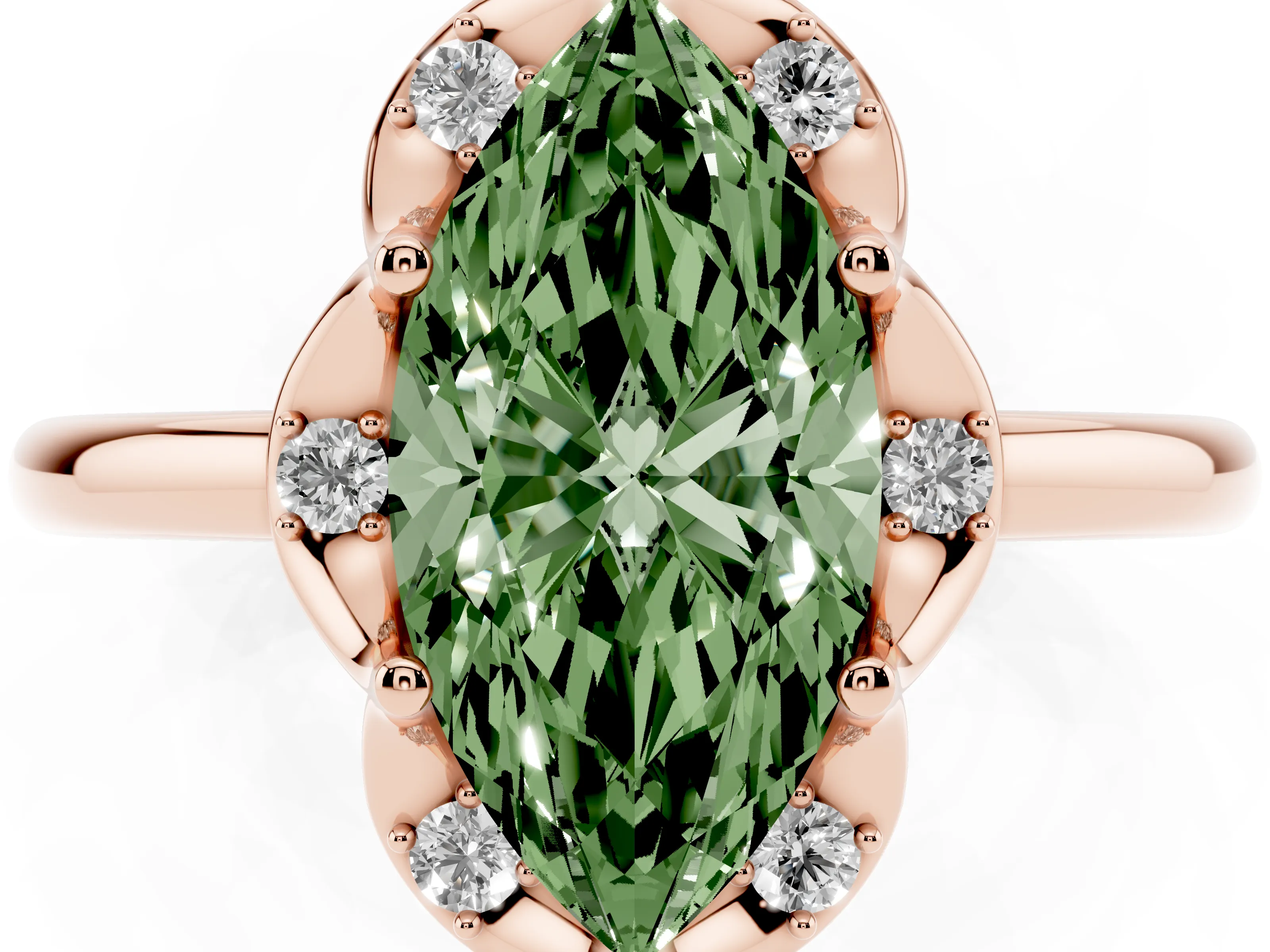 Fancy Green Marquise Cut Diamond Round Cluster Halo Ring Set in Rose gold with Solitaire Band and Prong Setting