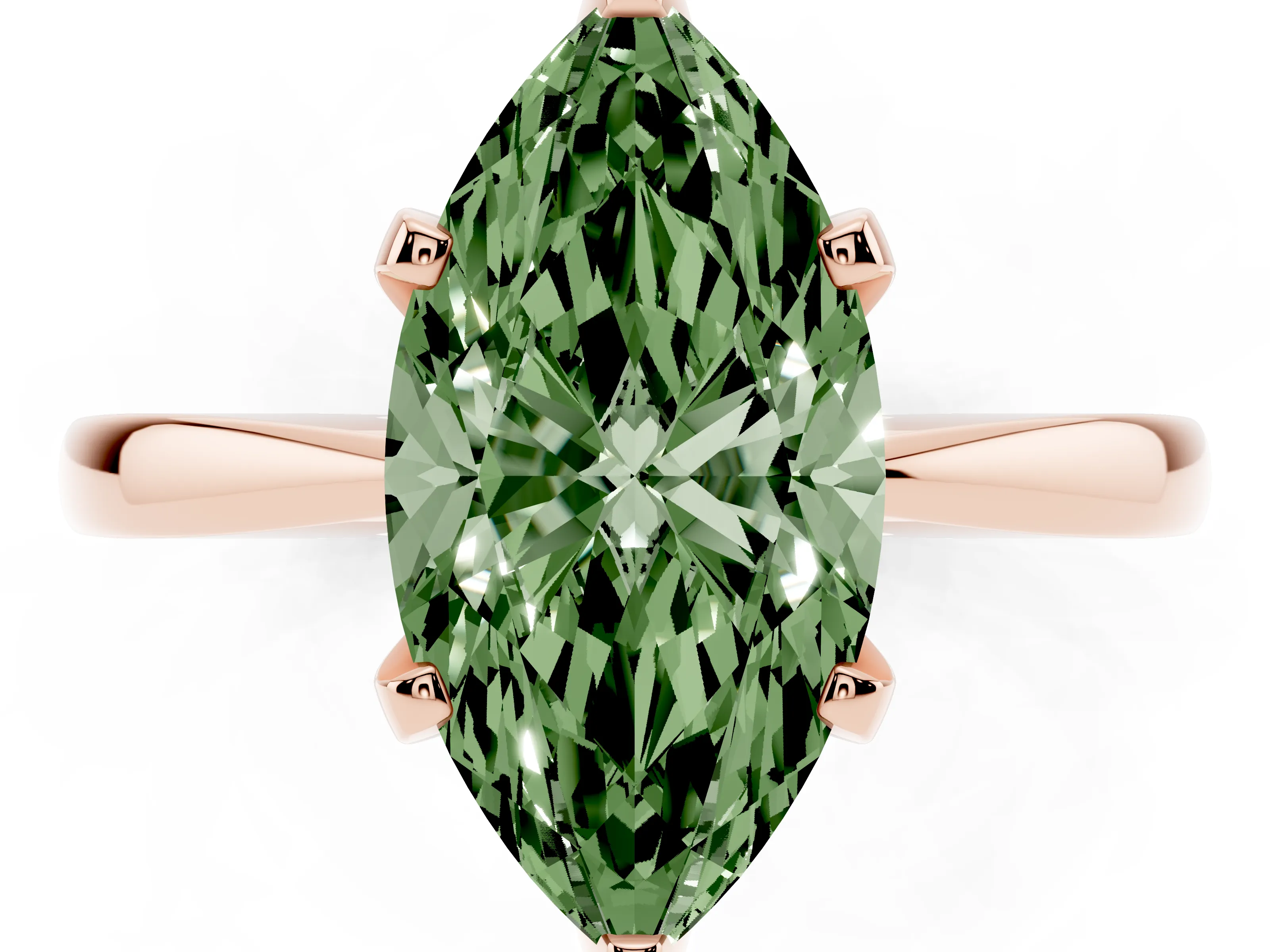 Fancy Green Marquise Cut Diamond Solitaire Engagement Ring Set in Rose gold with Slim Tapered Solitaire Band