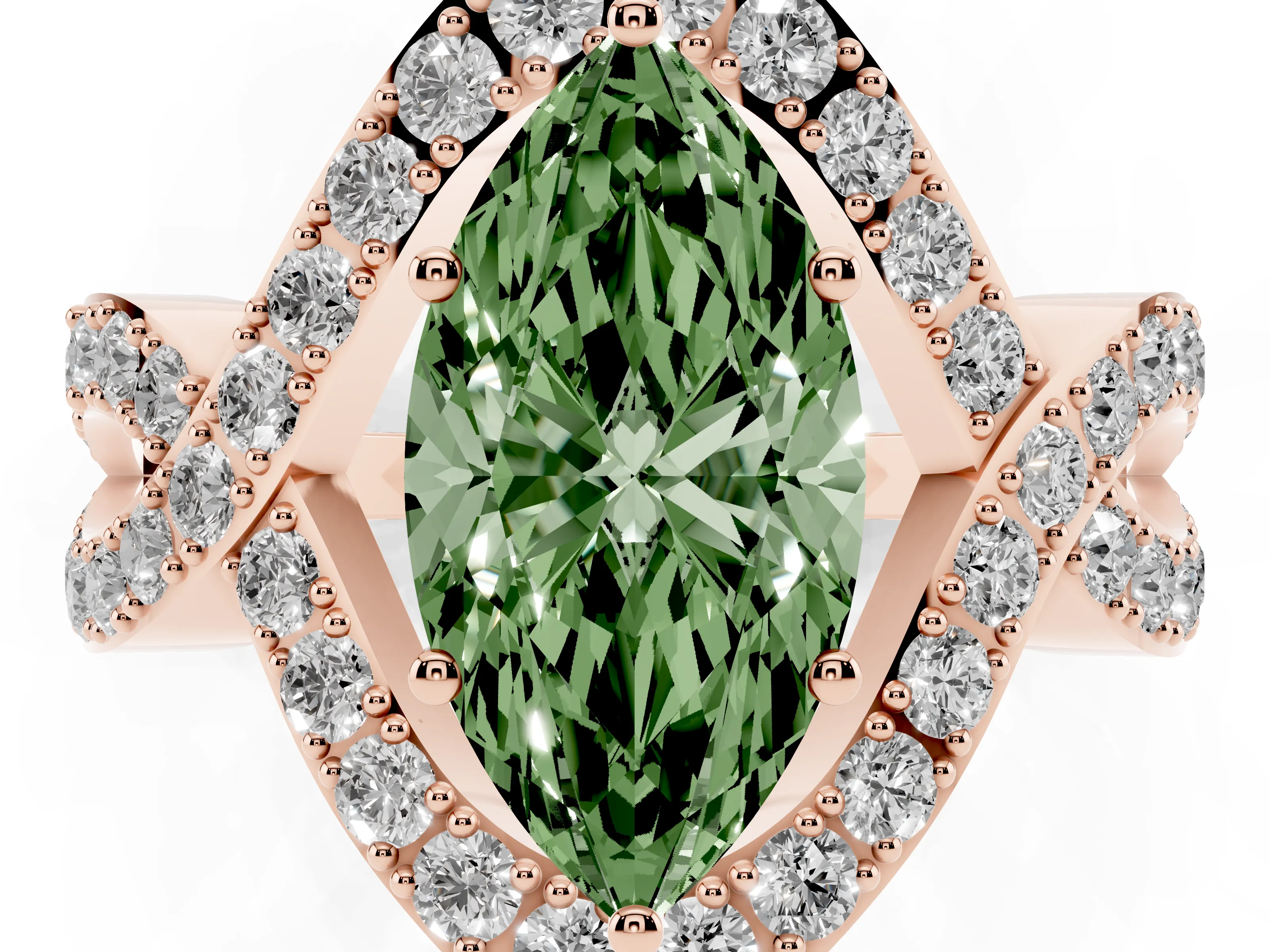 Fancy Green Marquise Cut Diamond Solitaire Twist Band Pavé Engagement Ring Set in Rose gold