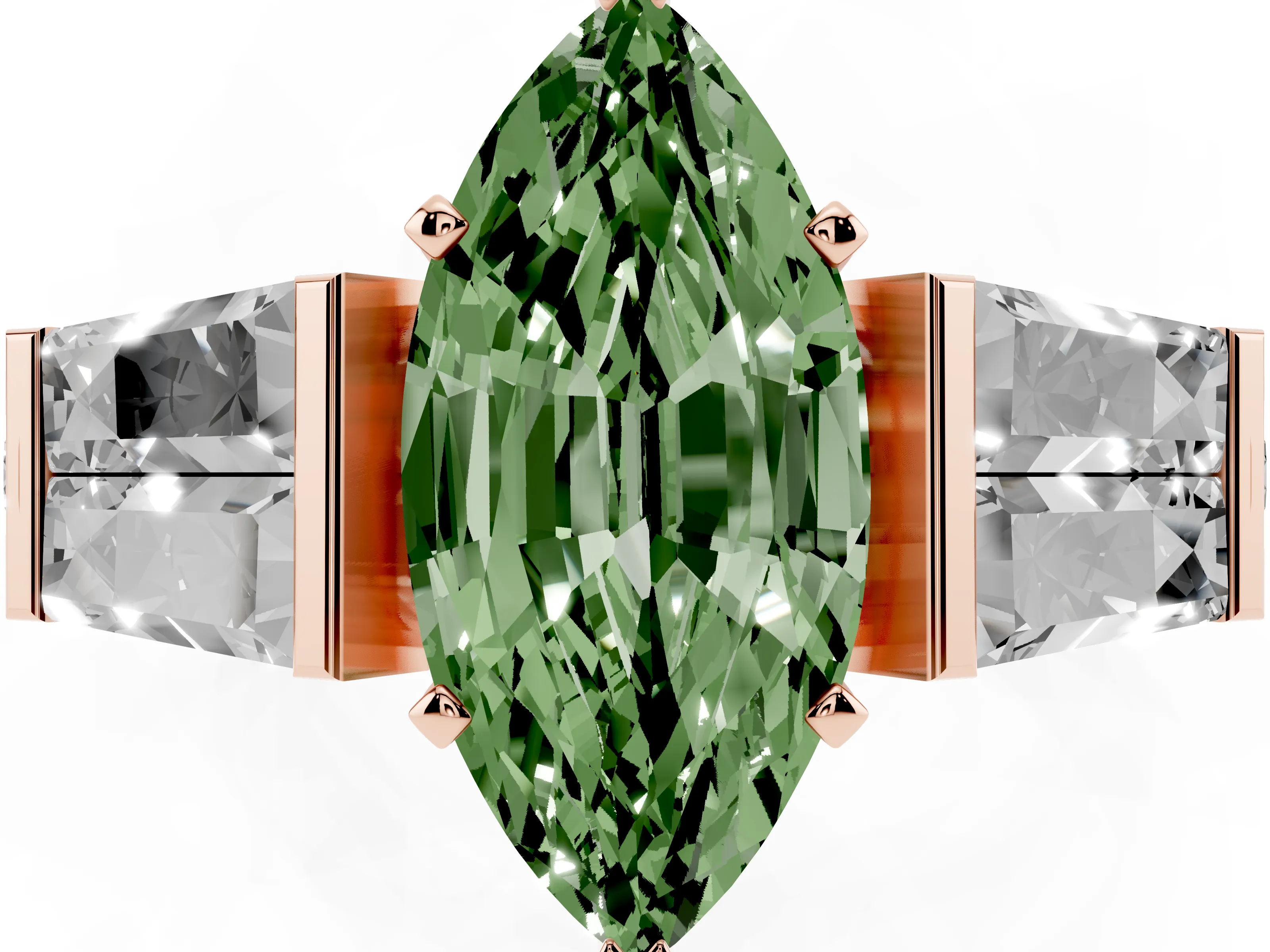 Fancy Green Marquise Cut Diamond Engagement Ring Set in Rose gold with Baguette Side Stones and Channel Set Band