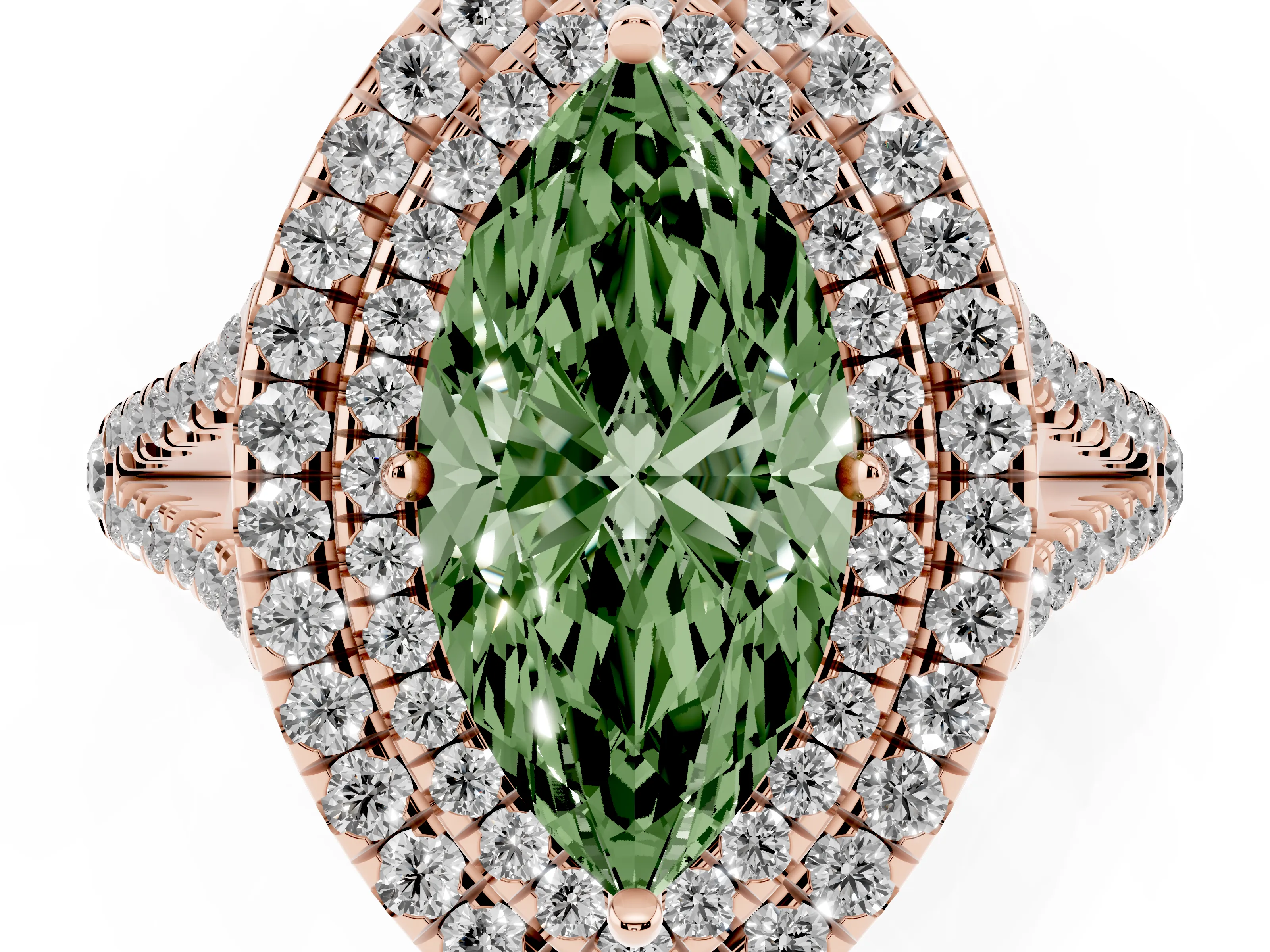 Fancy Green Marquise Cut Diamond Double Halo Ring Set in Rose gold with Pavé Band