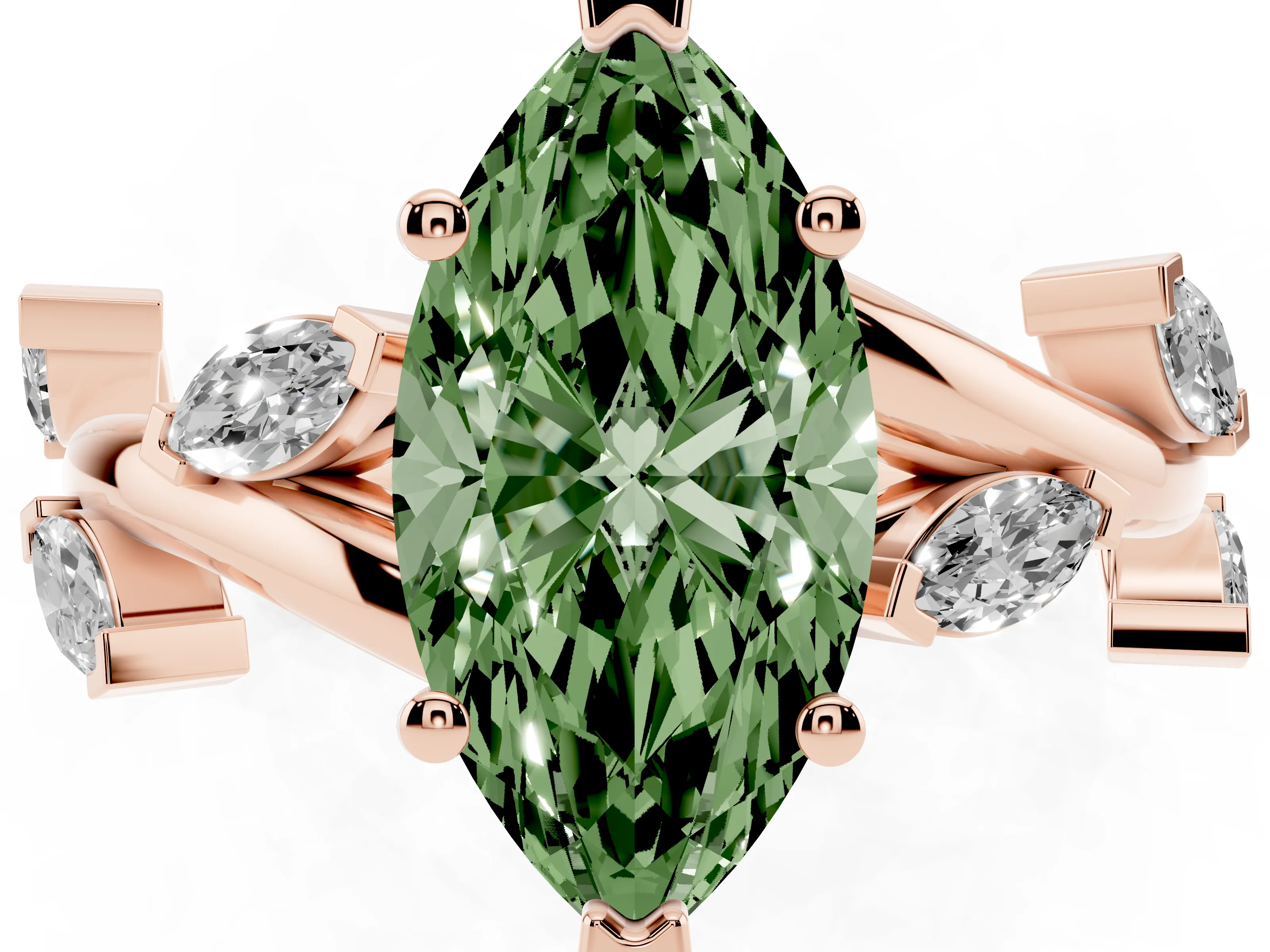 Fancy Green Marquise Cut Diamond Solitaire Ring Set in Rose gold with Twisted Marquise Accent Band