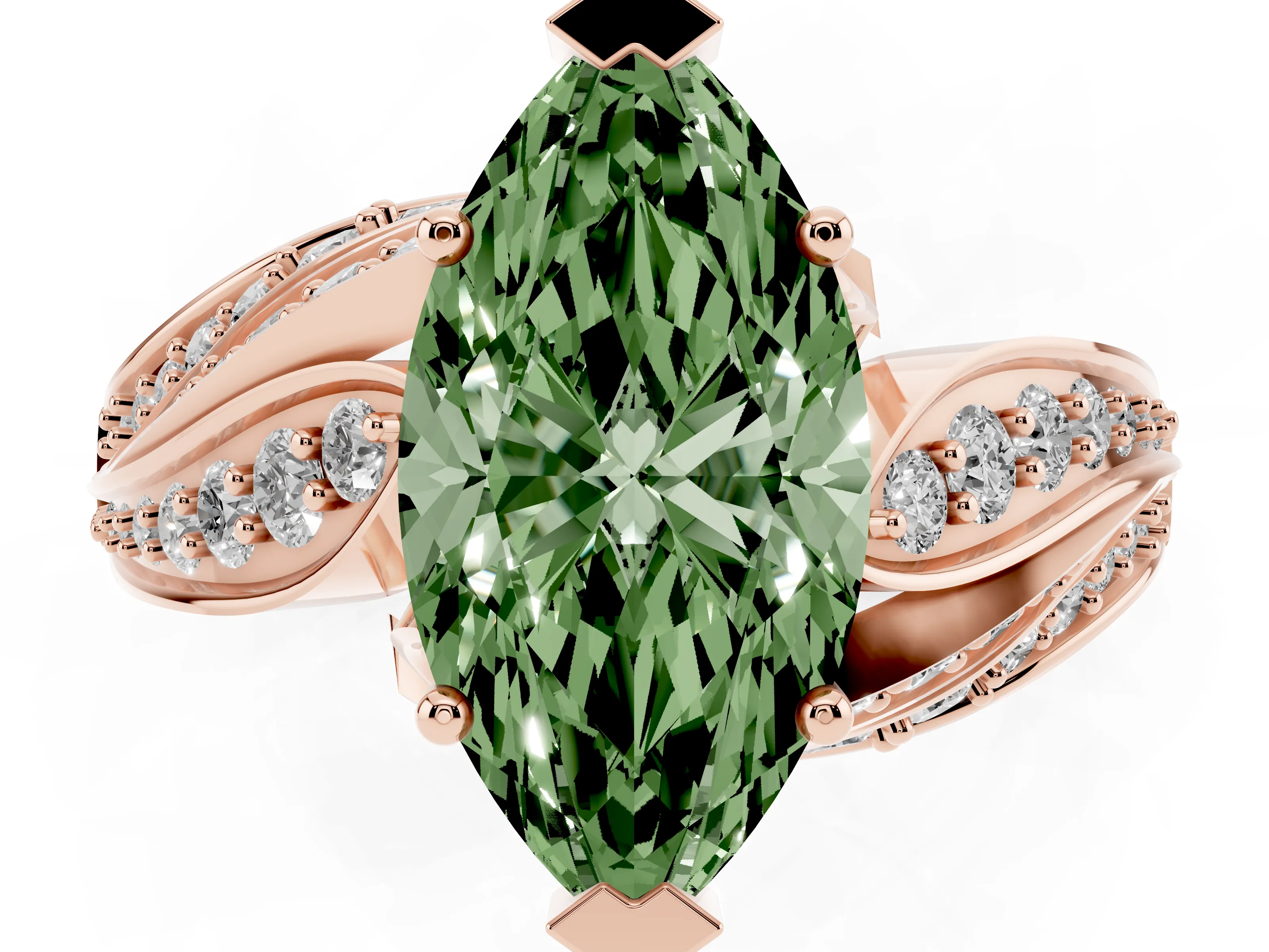 Fancy Green Marquise Cut Diamond Solitaire Ring Set in Rose gold with Layered Twist Pavé Band