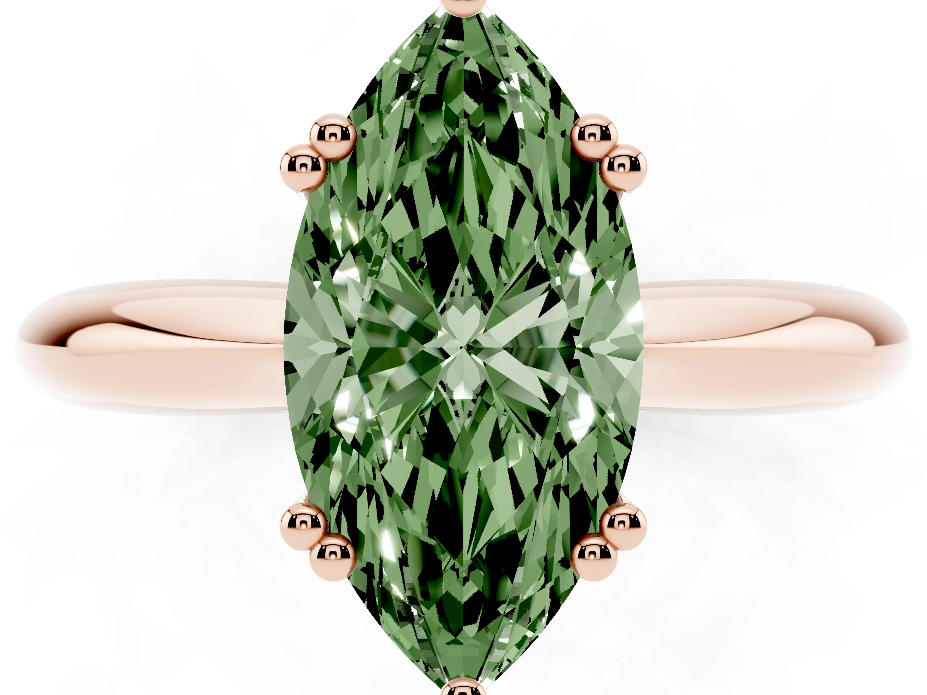 Fancy Green Marquise Cut Diamond Solitaire Engagement Ring Set in Rose gold with Tapered Band and Prong Setting