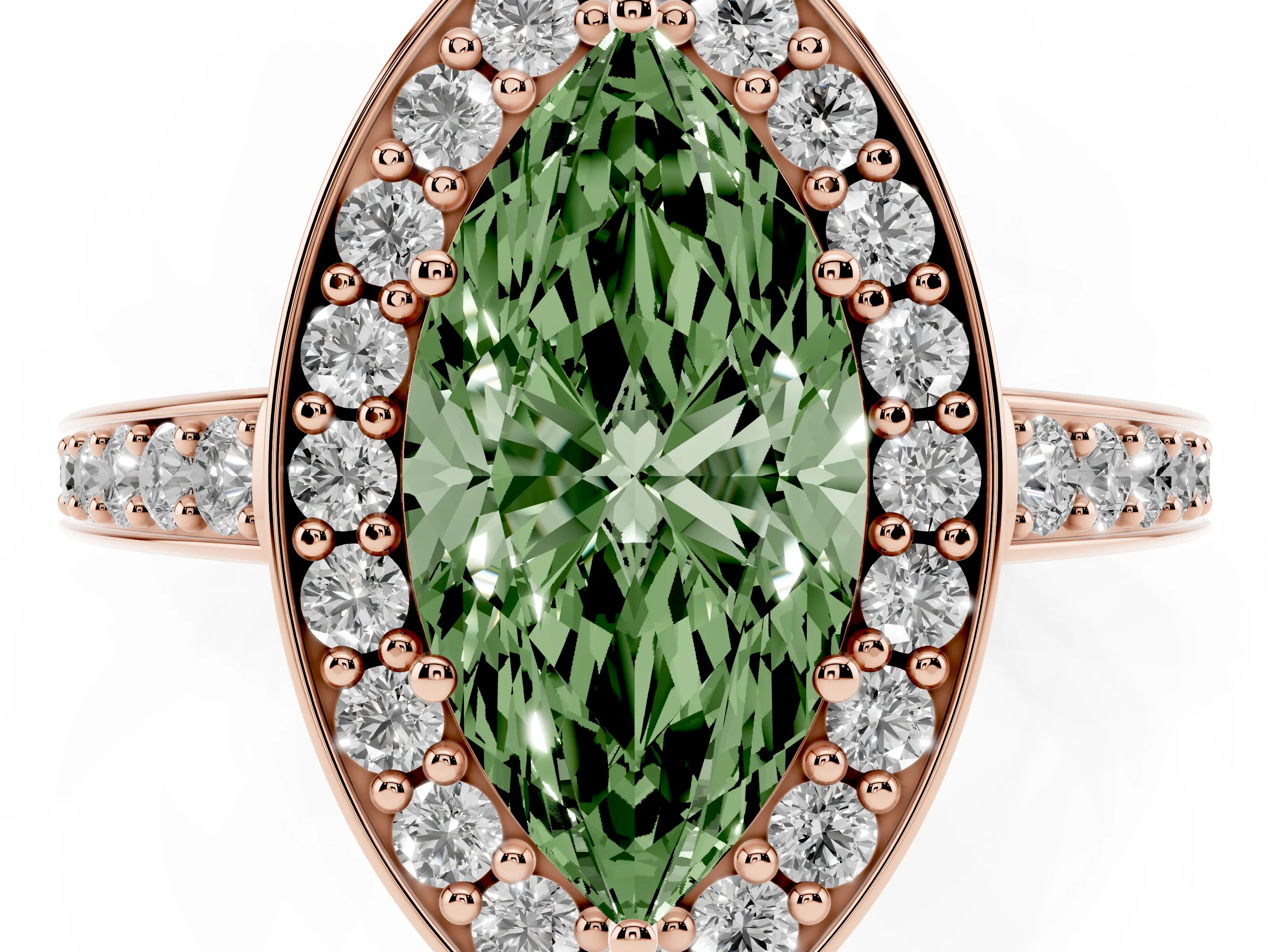 Fancy Green Marquise Cut Diamond Halo Pavé Engagement Ring Set in Rose gold with Bezel Setting