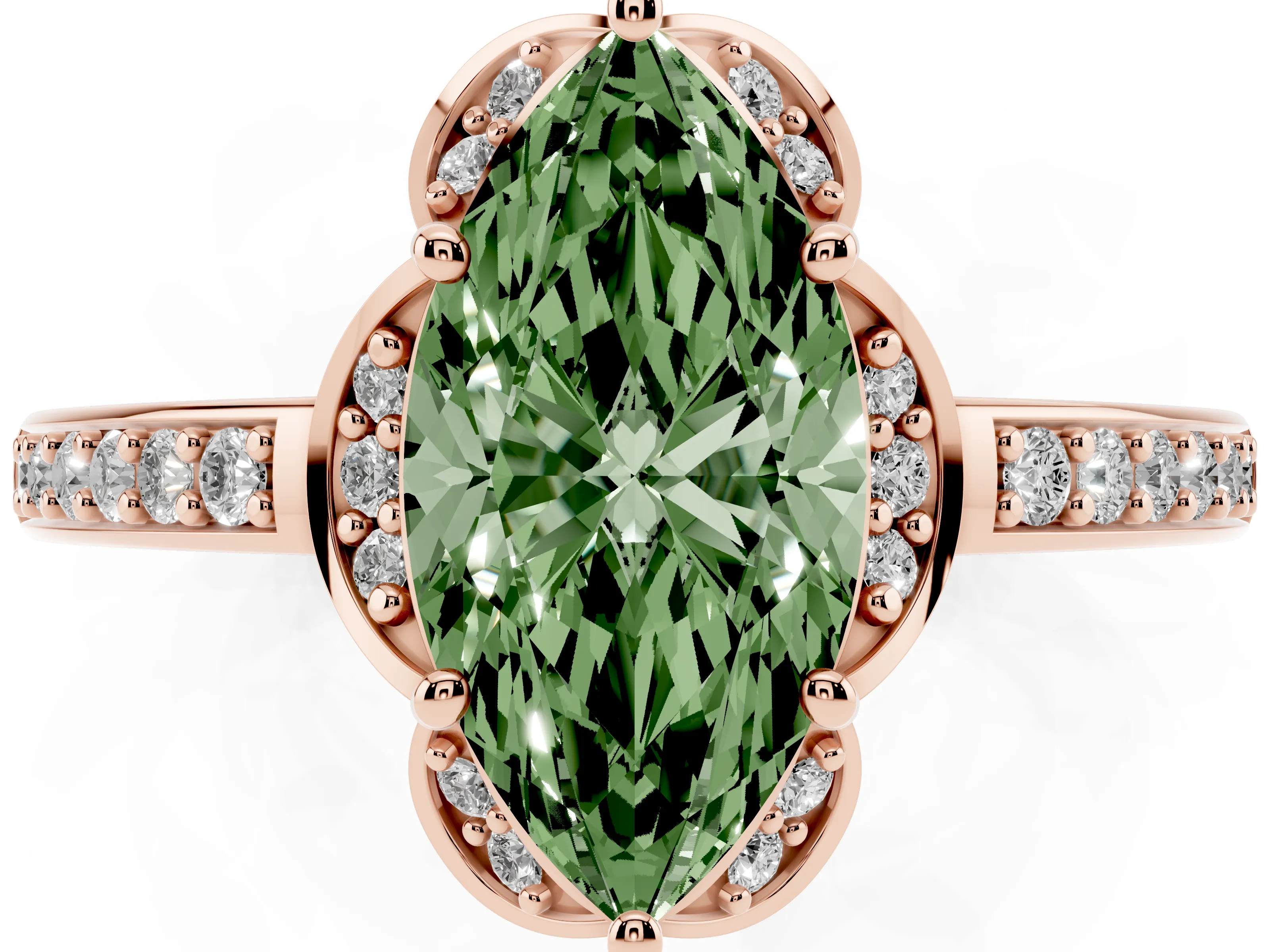 Fancy Green Marquise Cut Diamond Halo Ring Set in Rose gold with Channel Set Band and Prong Setting