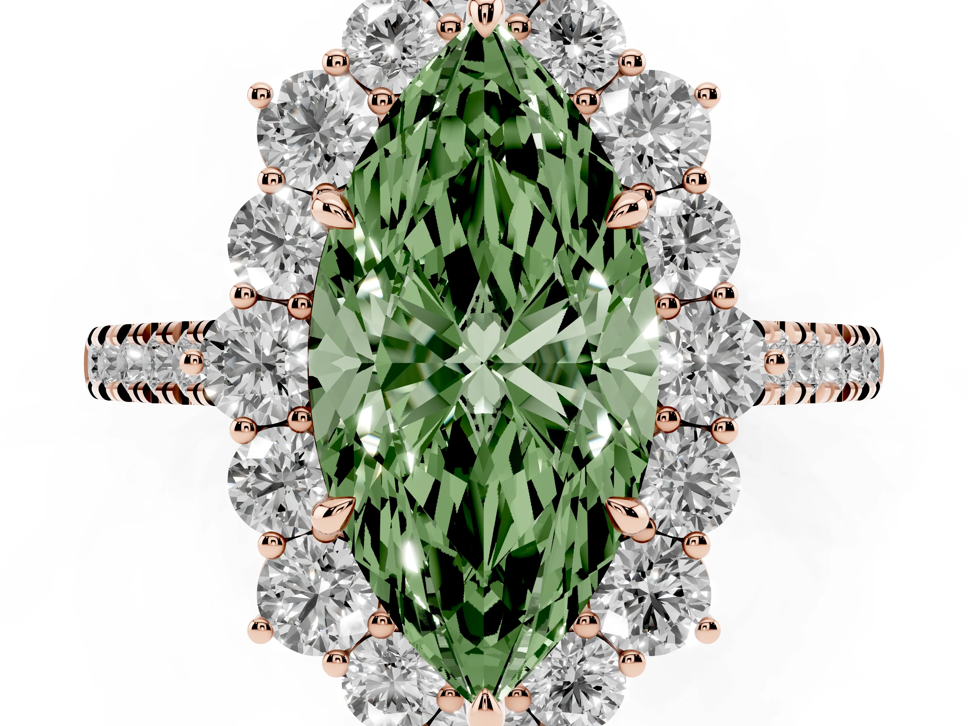 Fancy Green Marquise Cut Diamond Halo Ring Set in Rose gold with Pavé Band and Prong Setting