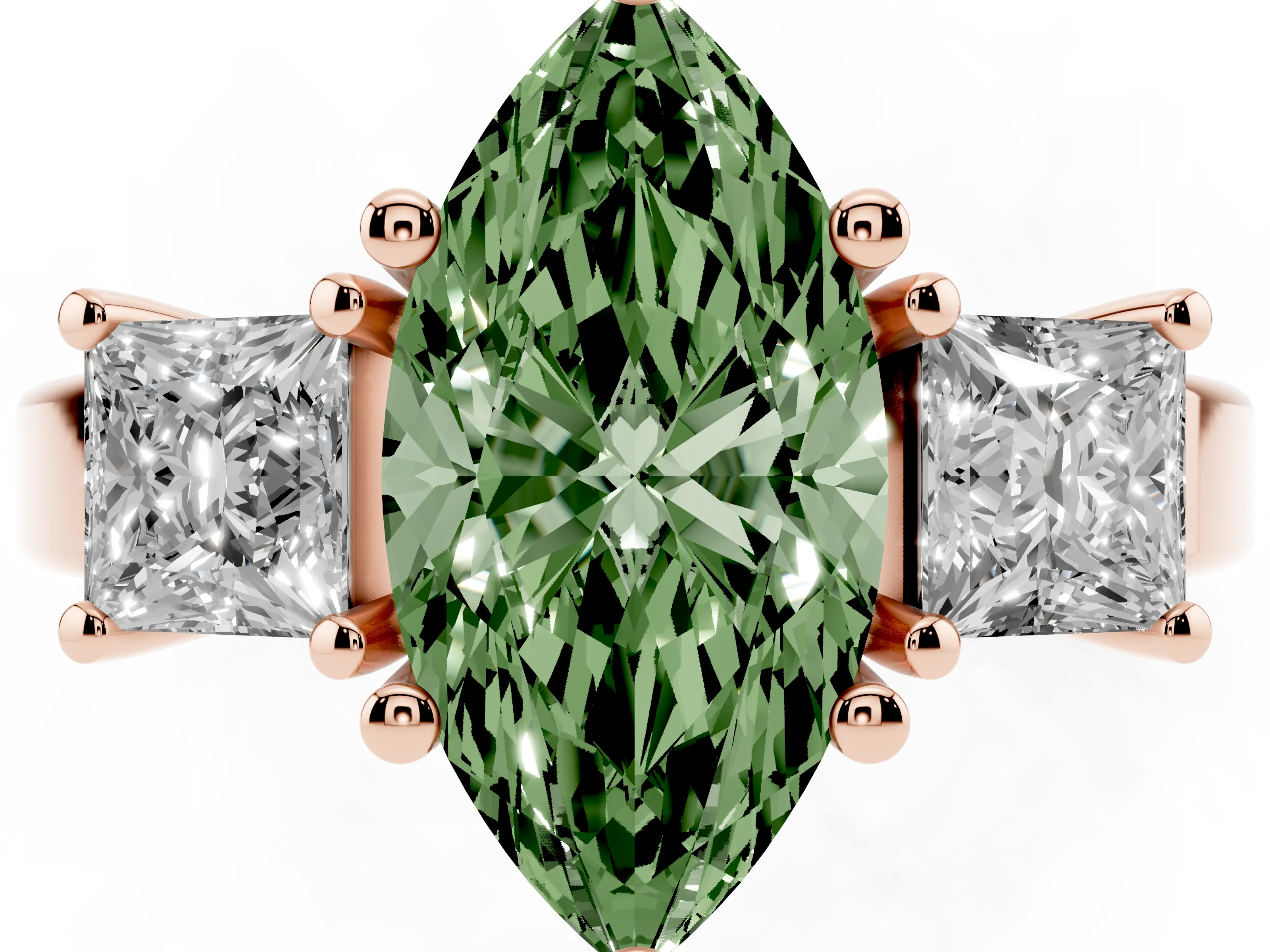 Fancy Green Three-Stone Marquise Cut Diamond Solitaire Ring Set in Rose gold with Prong Setting