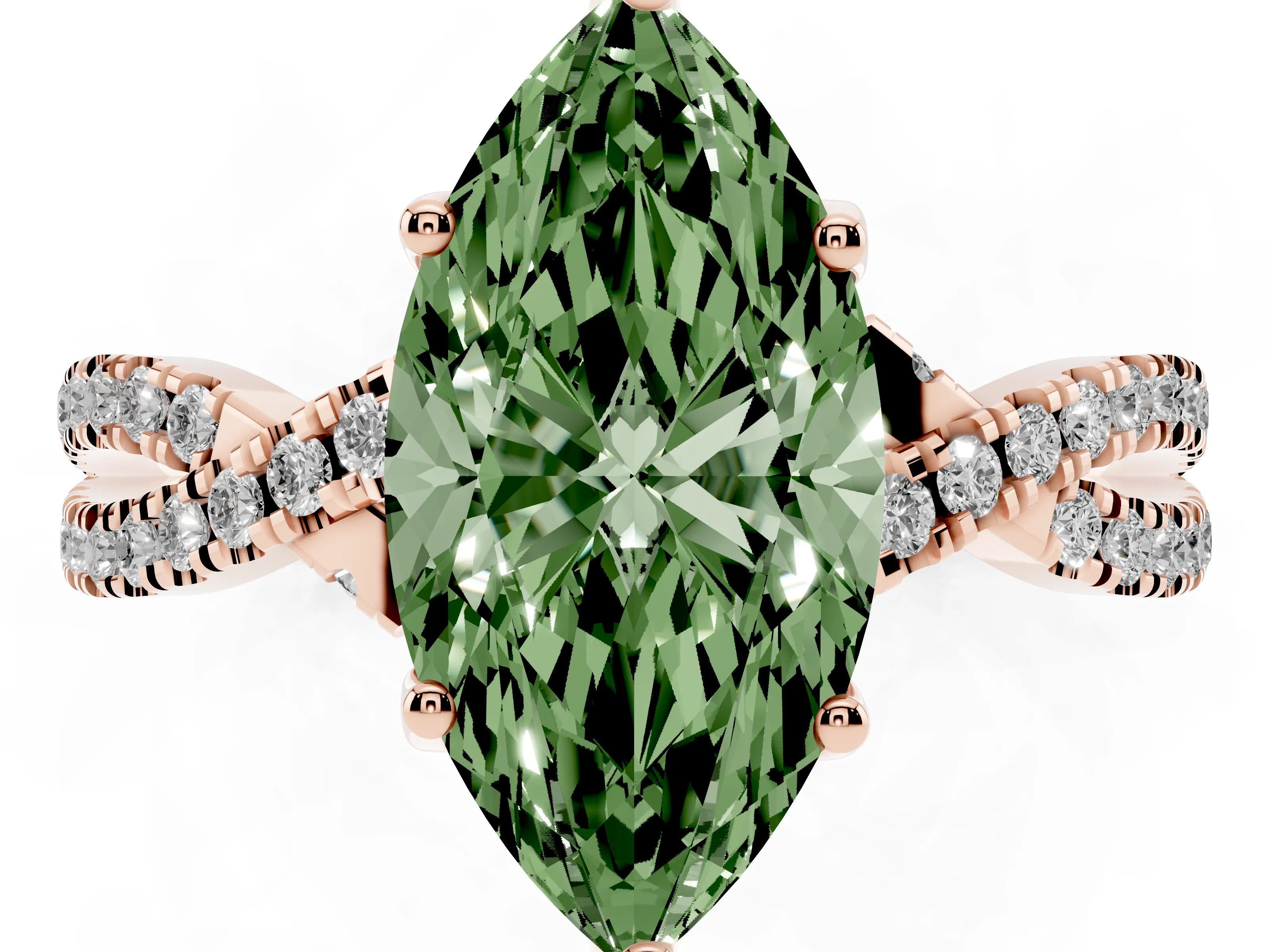 Fancy Green Marquise Cut Diamond Twist Pavé Solitaire Engagement Ring Set in Rose gold with Prong Setting