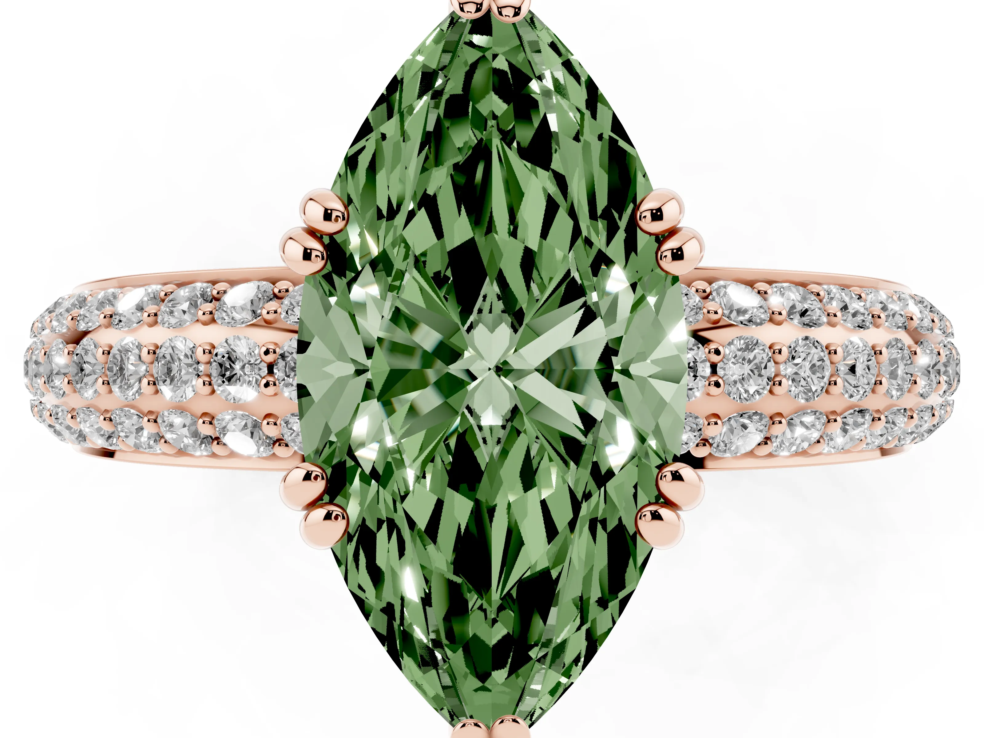Fancy Green Marquise Cut Diamond Solitaire Ring Set in Rose gold with Multi-Row Round Pavé Band and Prong Setting