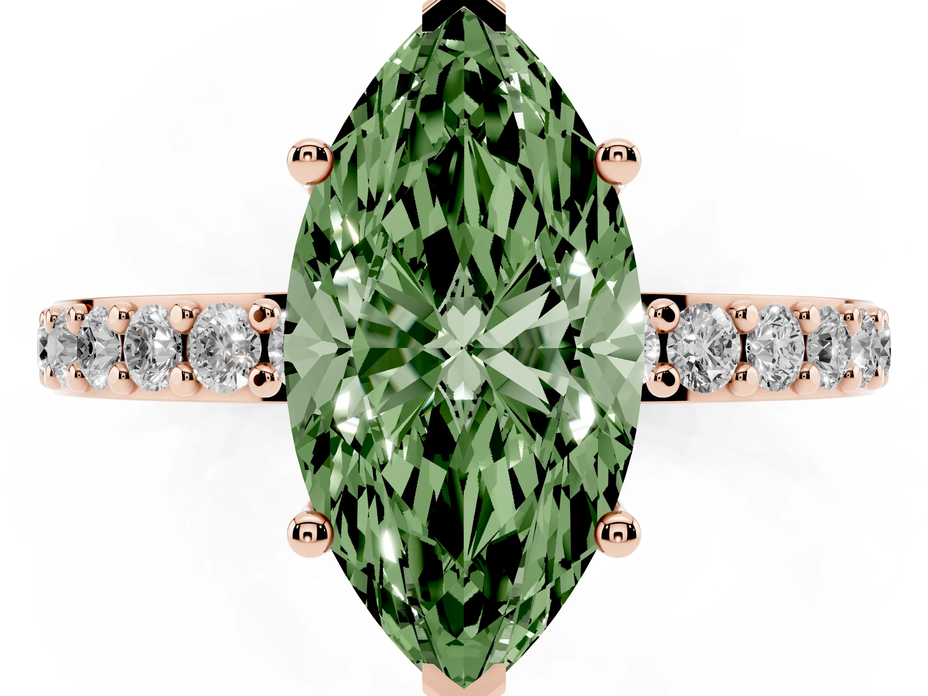 Fancy Green Marquise Cut Diamond Solitaire Set in Rose gold with Round Pavé Band and Prong Setting