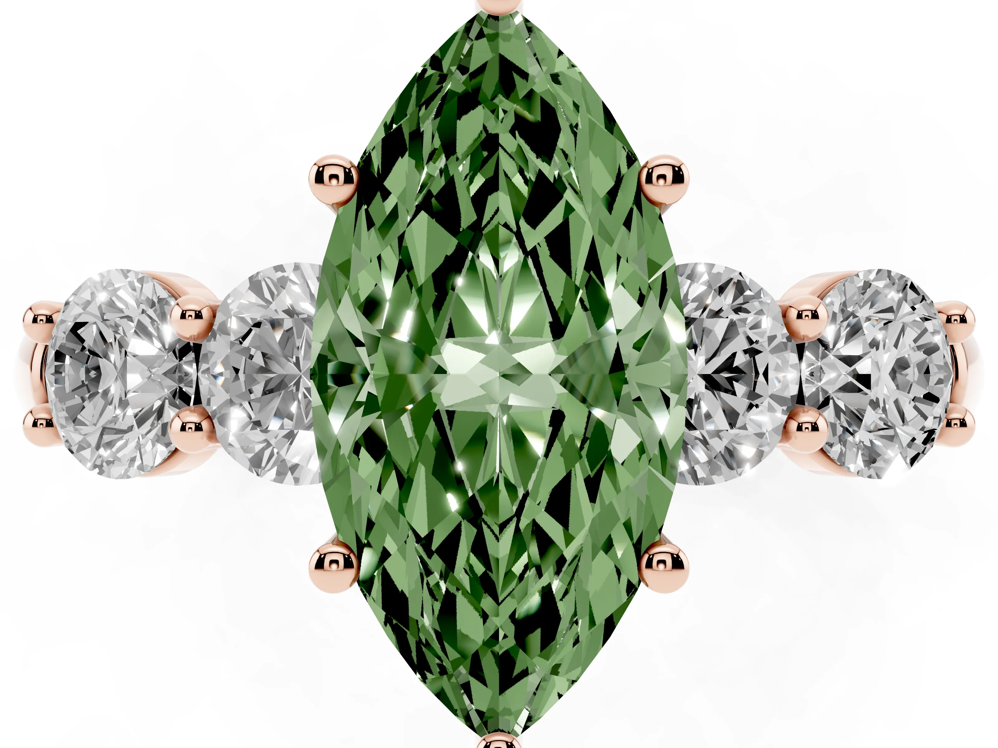 Fancy Green Marquise Cut Diamond Five-Stone Prong Set Ring Set in Rose gold with Classic Band