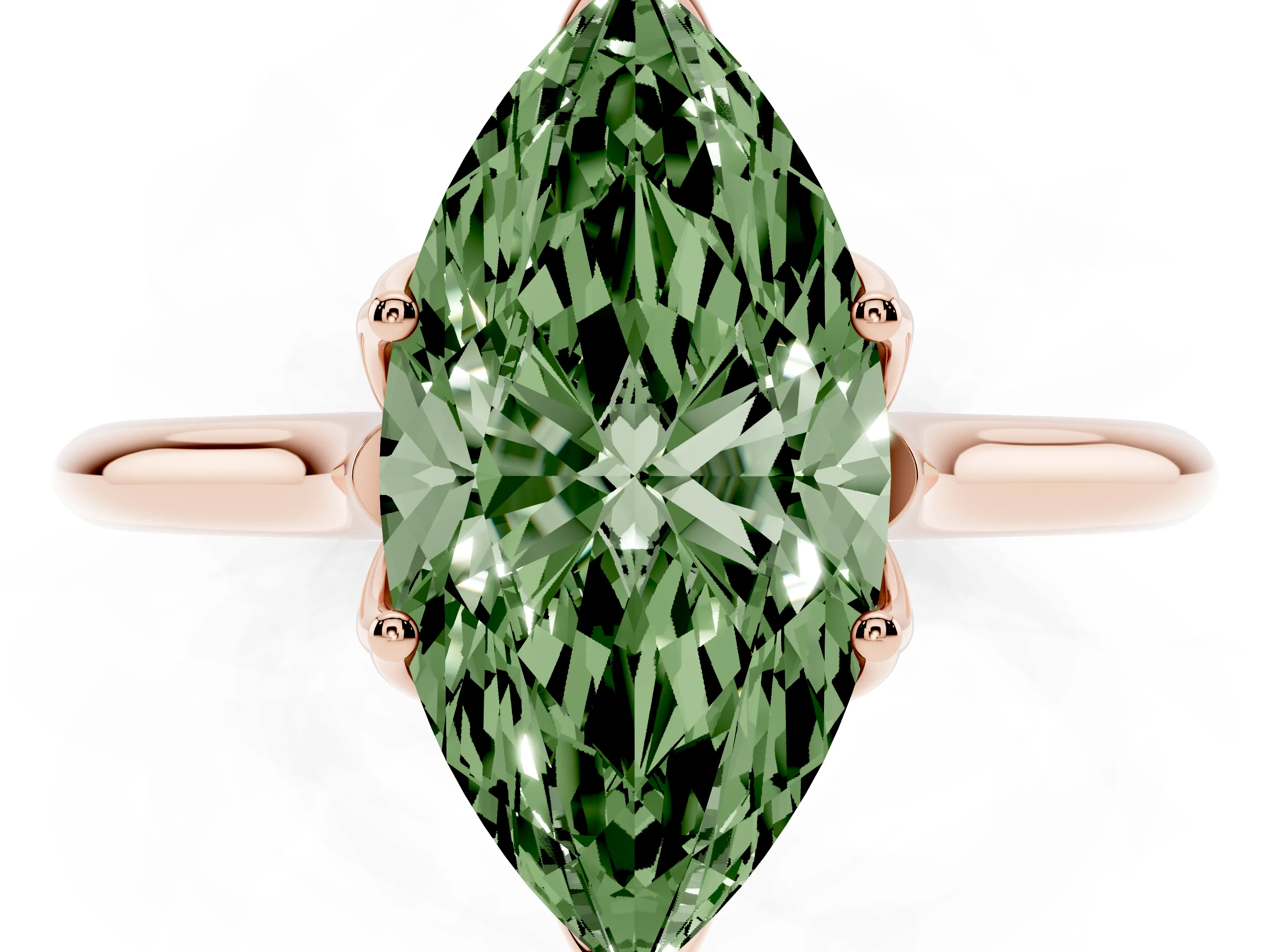 Fancy Green Marquise Cut Diamond Solitaire Cathedral Ring Set in Rose gold with Prong Setting
