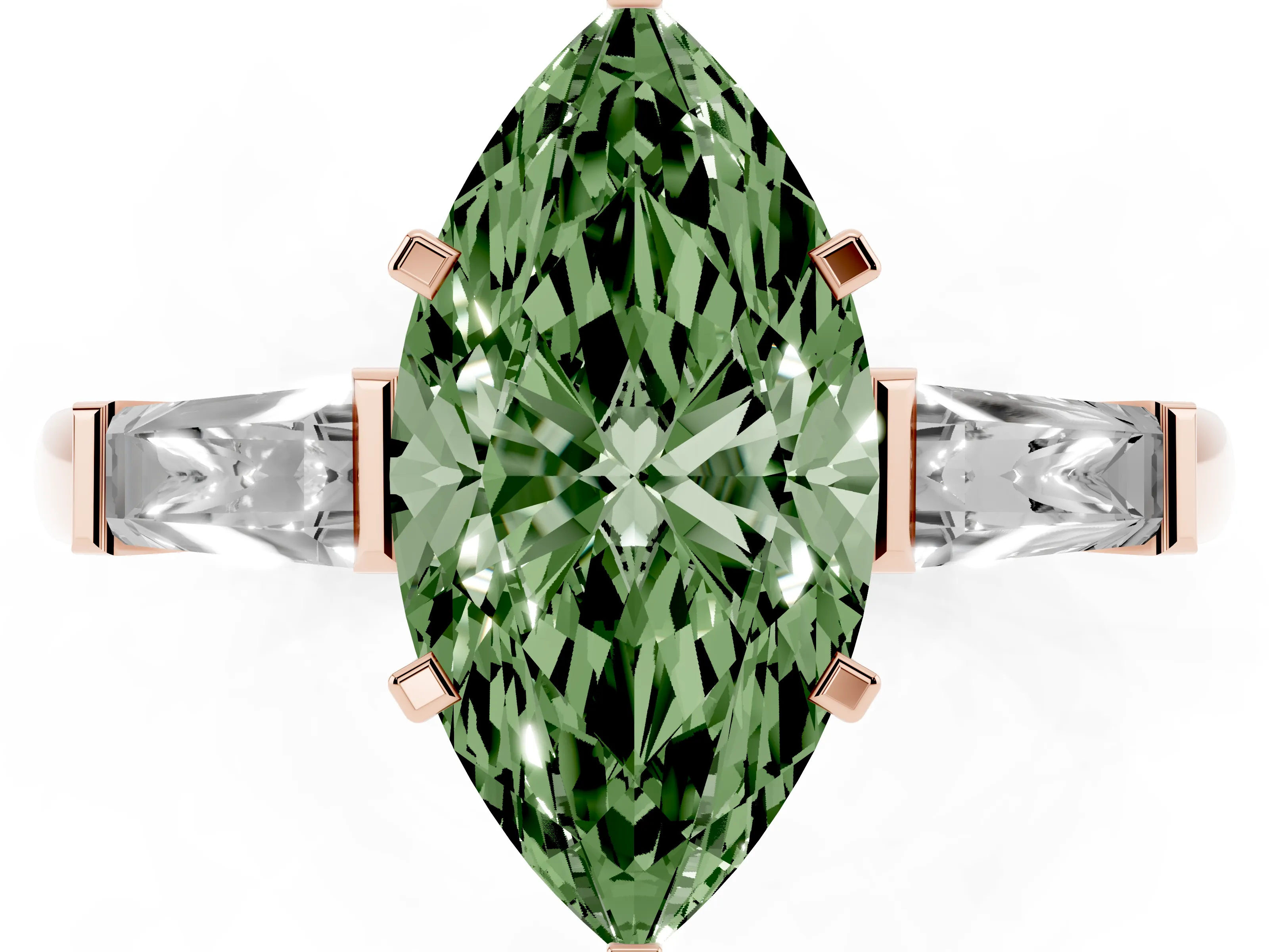 Fancy Green Marquise Cut Diamond Solitaire Ring Set in Rose gold with Tapered Baguette Side Stones and Prong Setting