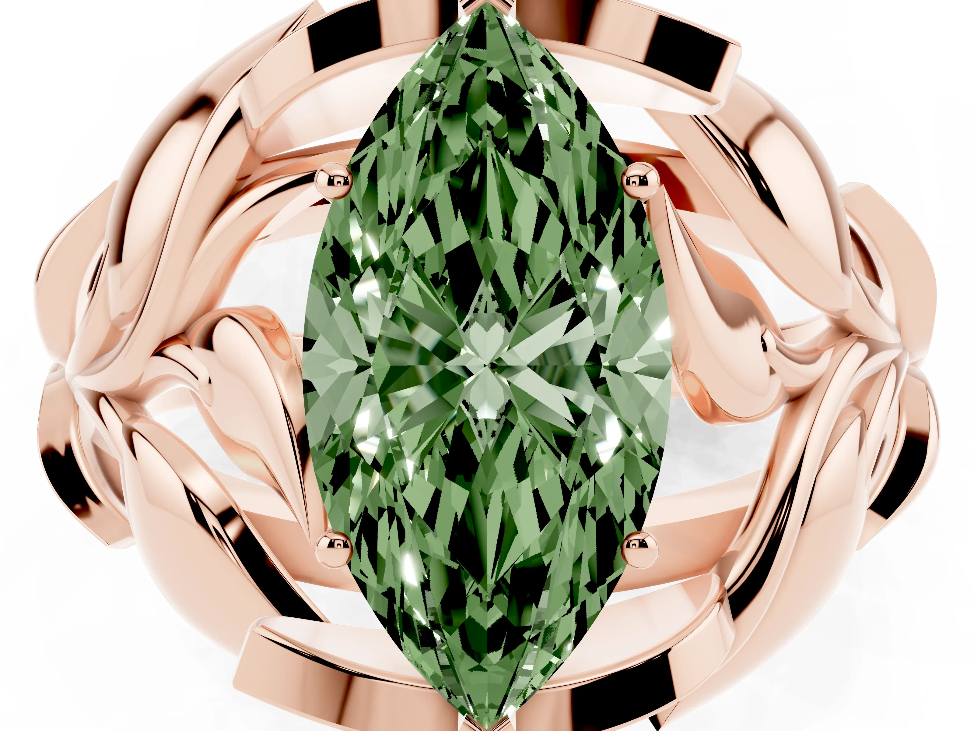 Fancy Green Marquise Cut Diamond Leaf-Inspired Engagement Ring Set in Rose gold with Round Accents