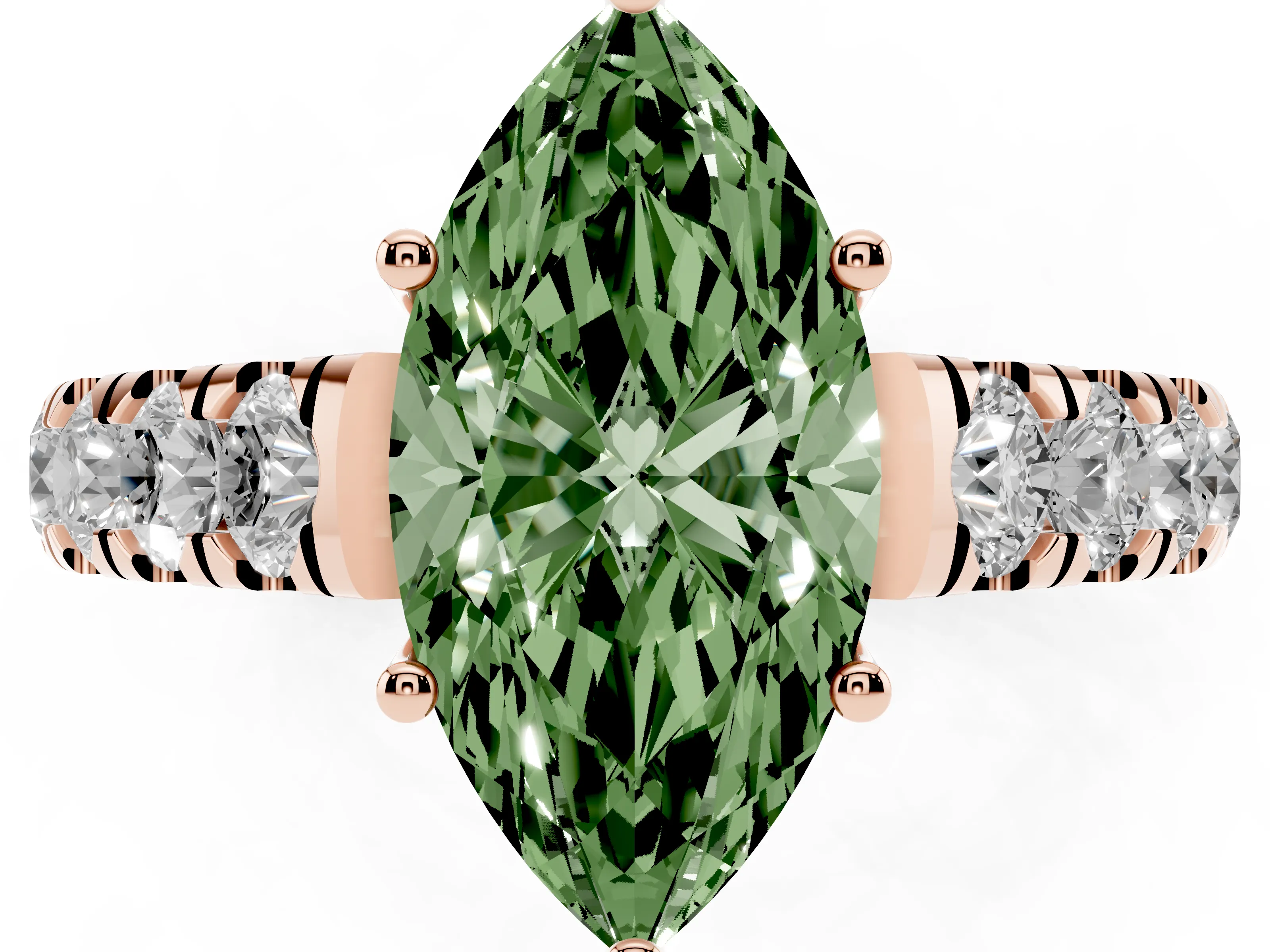 Fancy Green Marquise Cut Diamond Solitaire Ring Set in Rose gold with Cut-Down Micro Pavé Band and Prong Setting