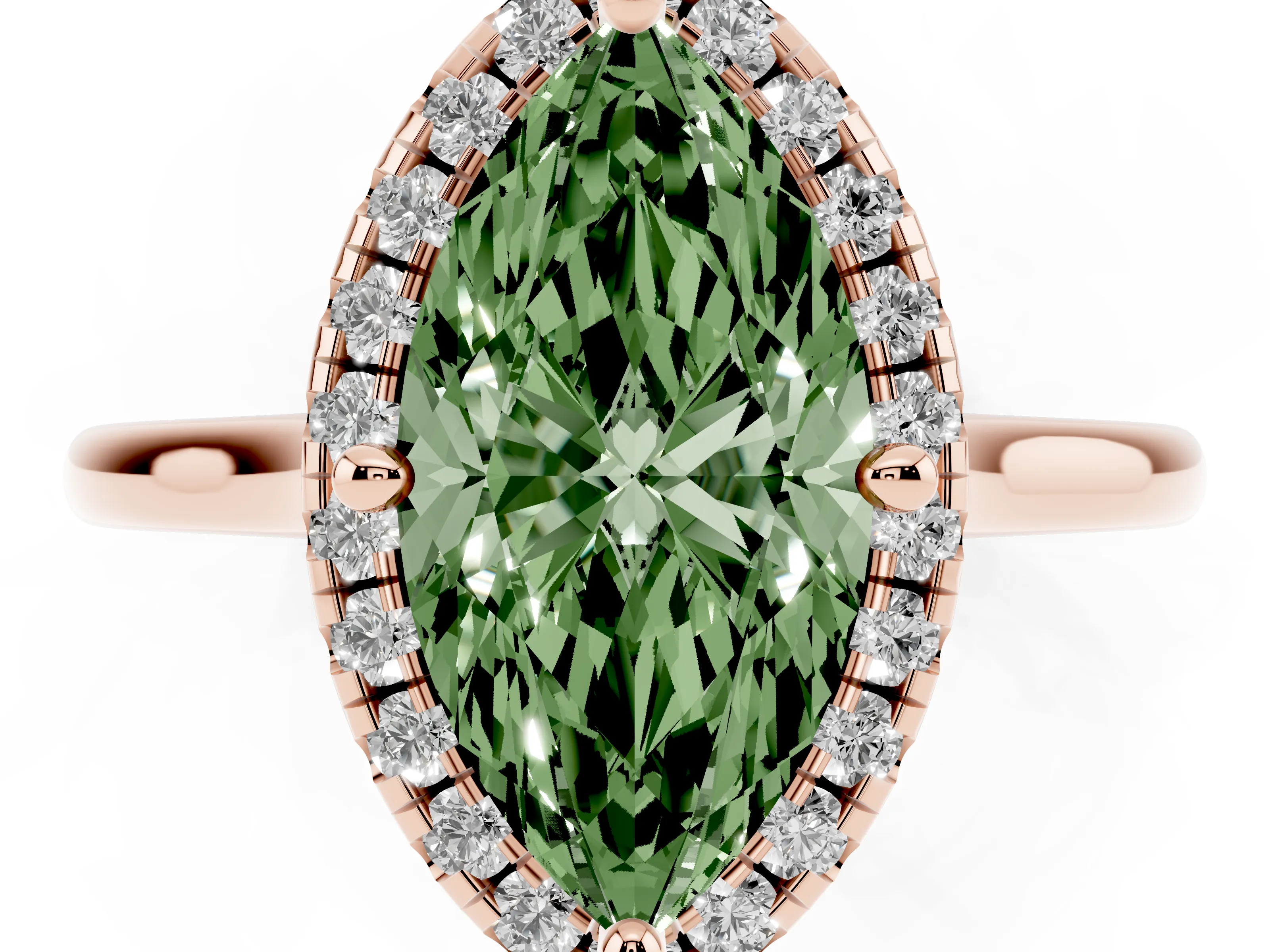 Fancy Green Marquise Cut Diamond Halo Engagement Ring Set in Rose gold with Pavé Band and Rising Shoulders