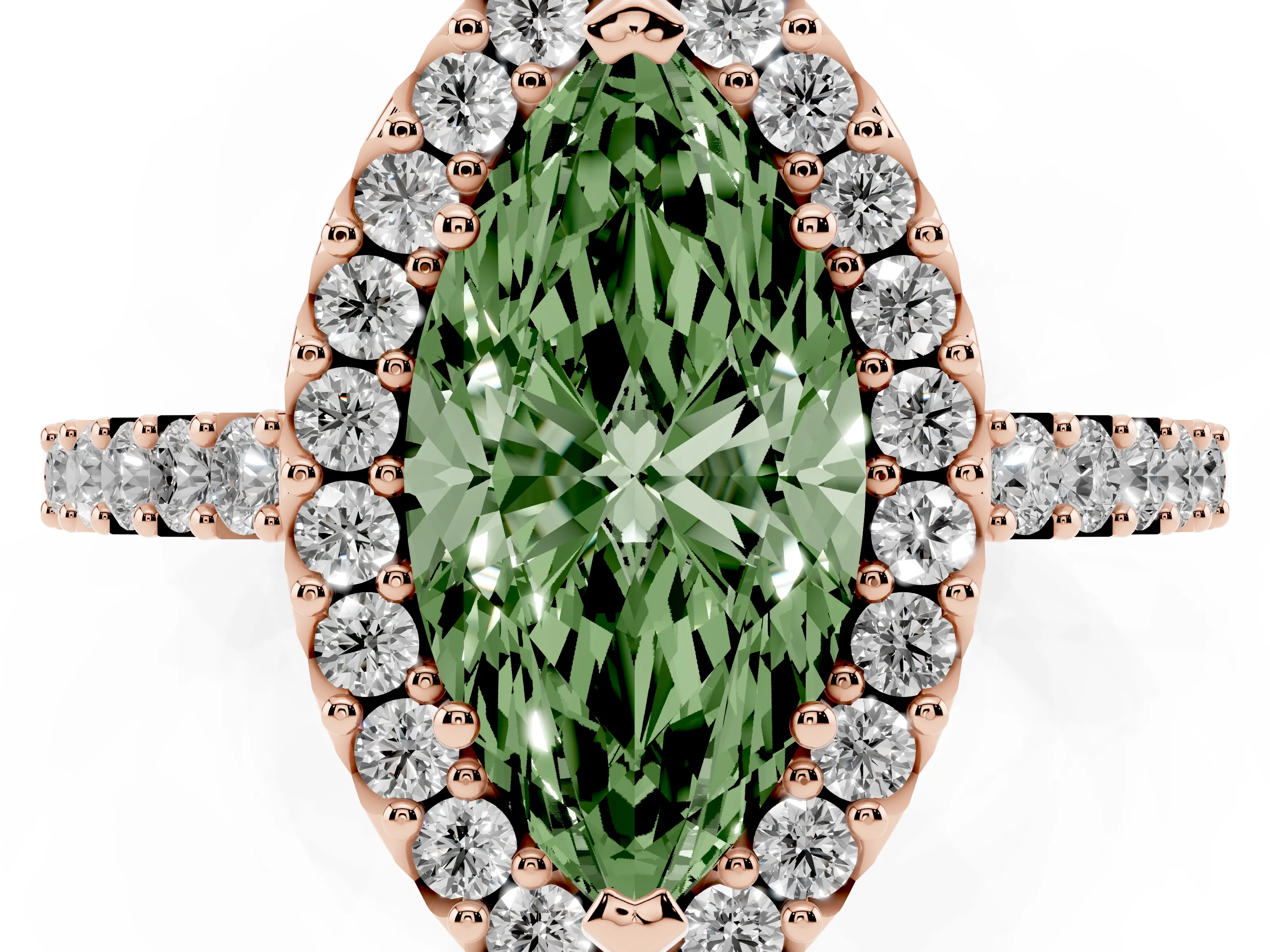 Fancy Green Marquise Cut Diamond Halo Pavé Solitaire Ring Set in Rose gold with Prong-Set Center Stone
