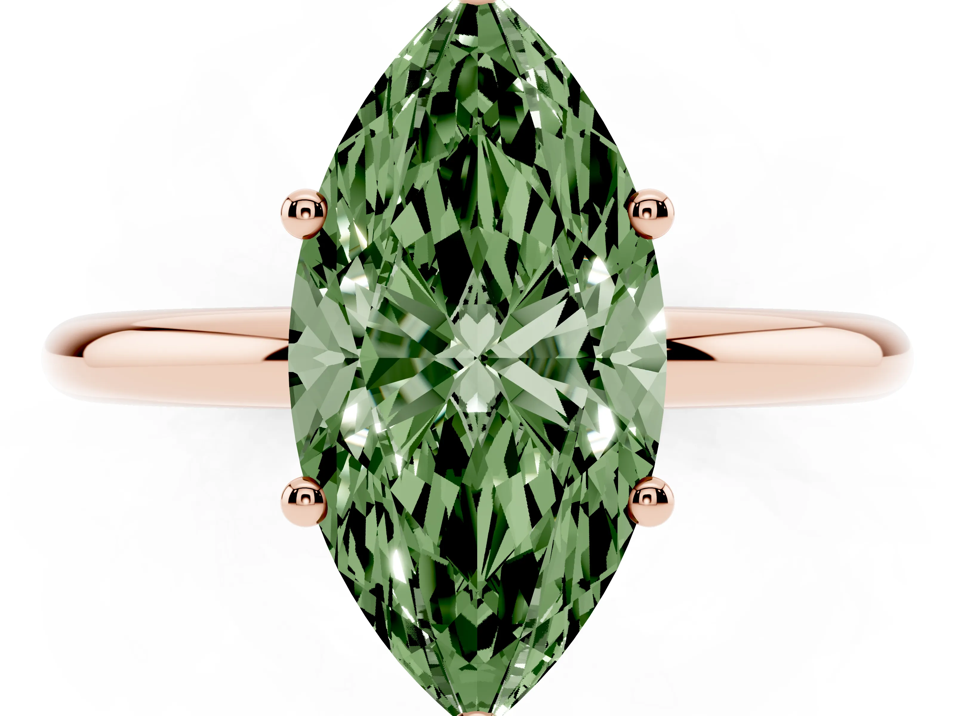 Fancy Green Marquise Cut Diamond Solitaire Engagement Ring Set in Rose gold with Prong Setting and Polished Band