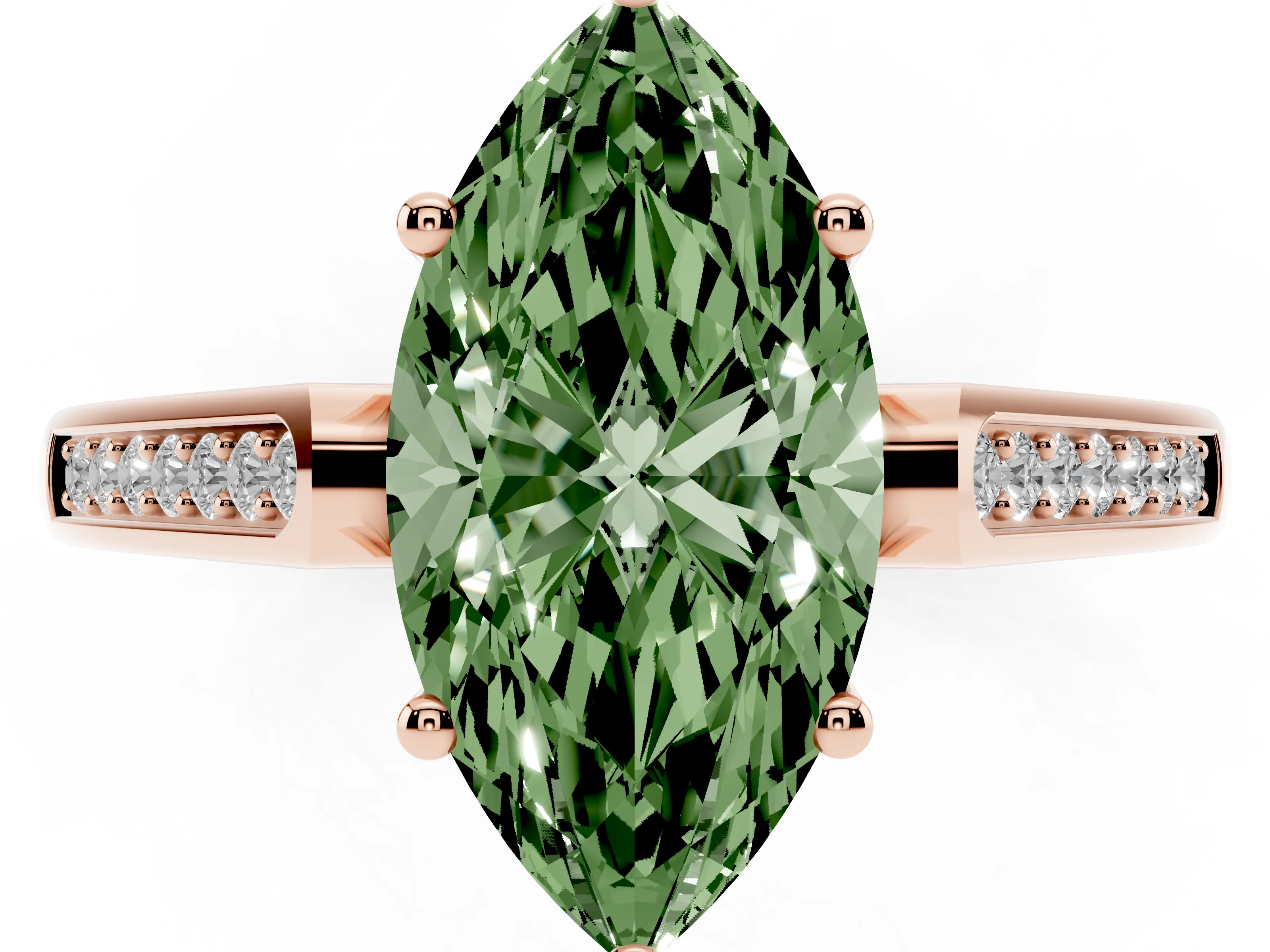 Fancy Green Marquise Cut Diamond Solitaire Cathedral Engagement Ring Set in Rose gold with Channel-Set Band and Prong Setting